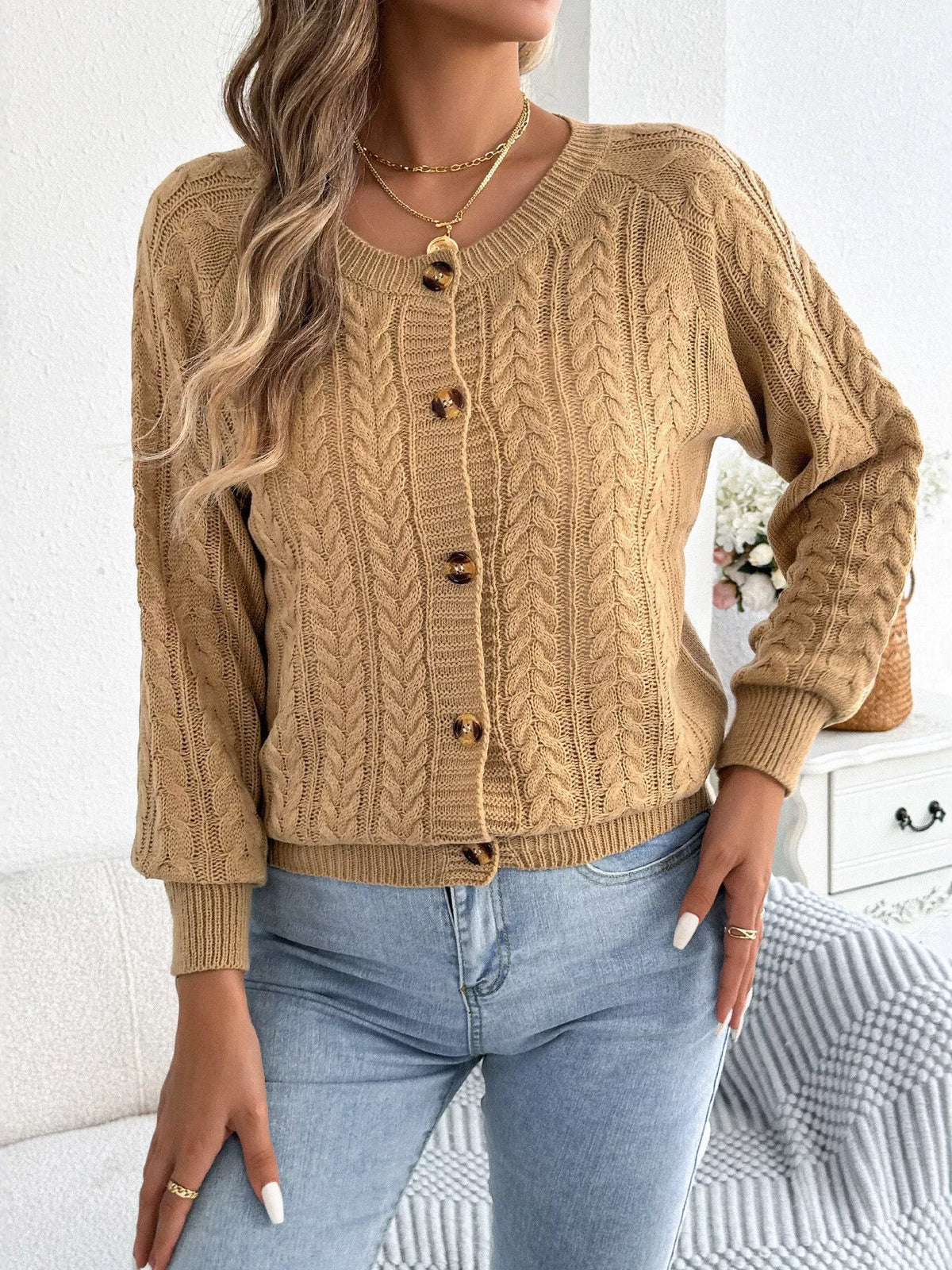 Cable-Knit Button-Front Cardigan by Clise