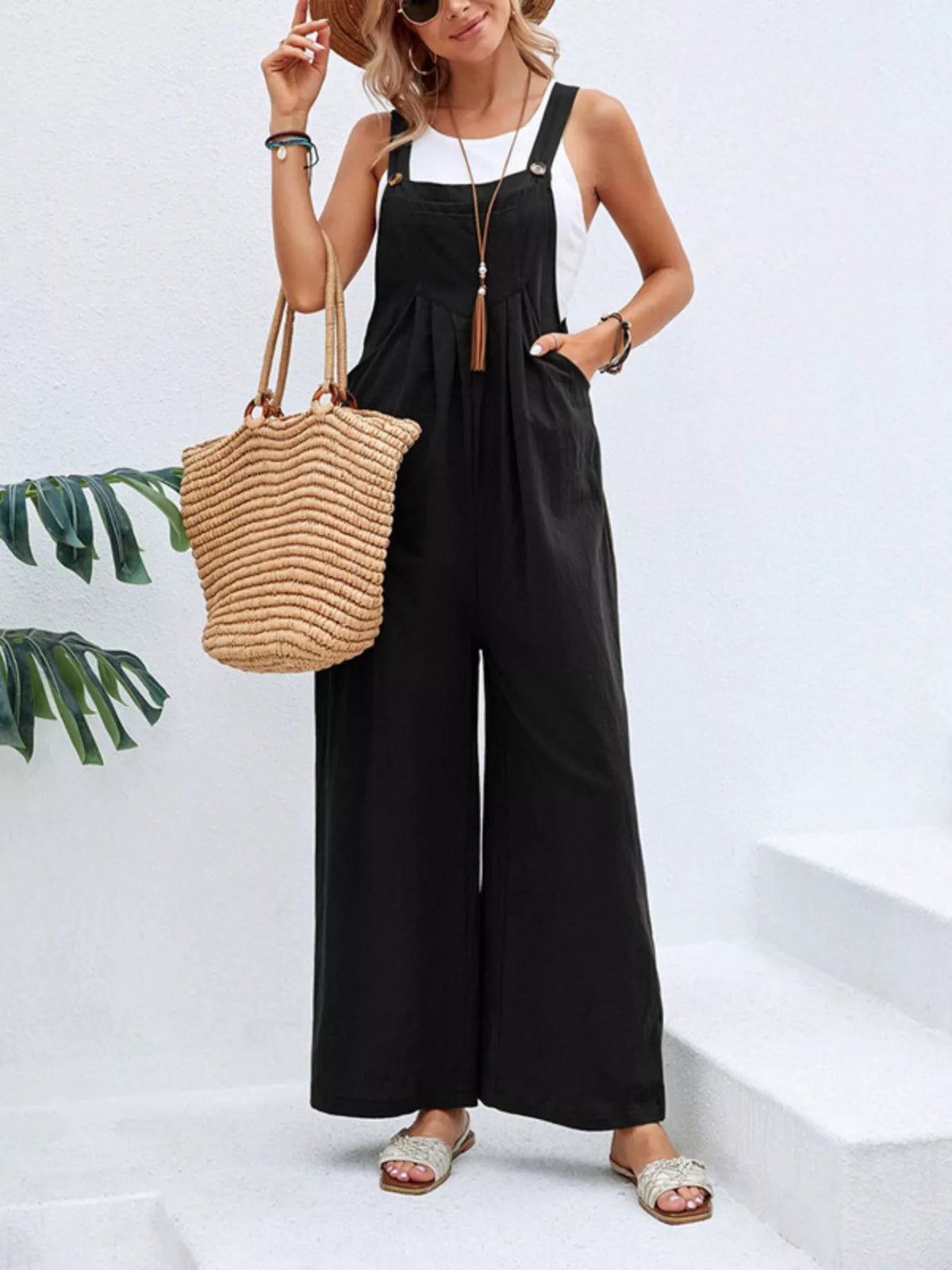 Casual Wide-Leg Overalls with Pockets