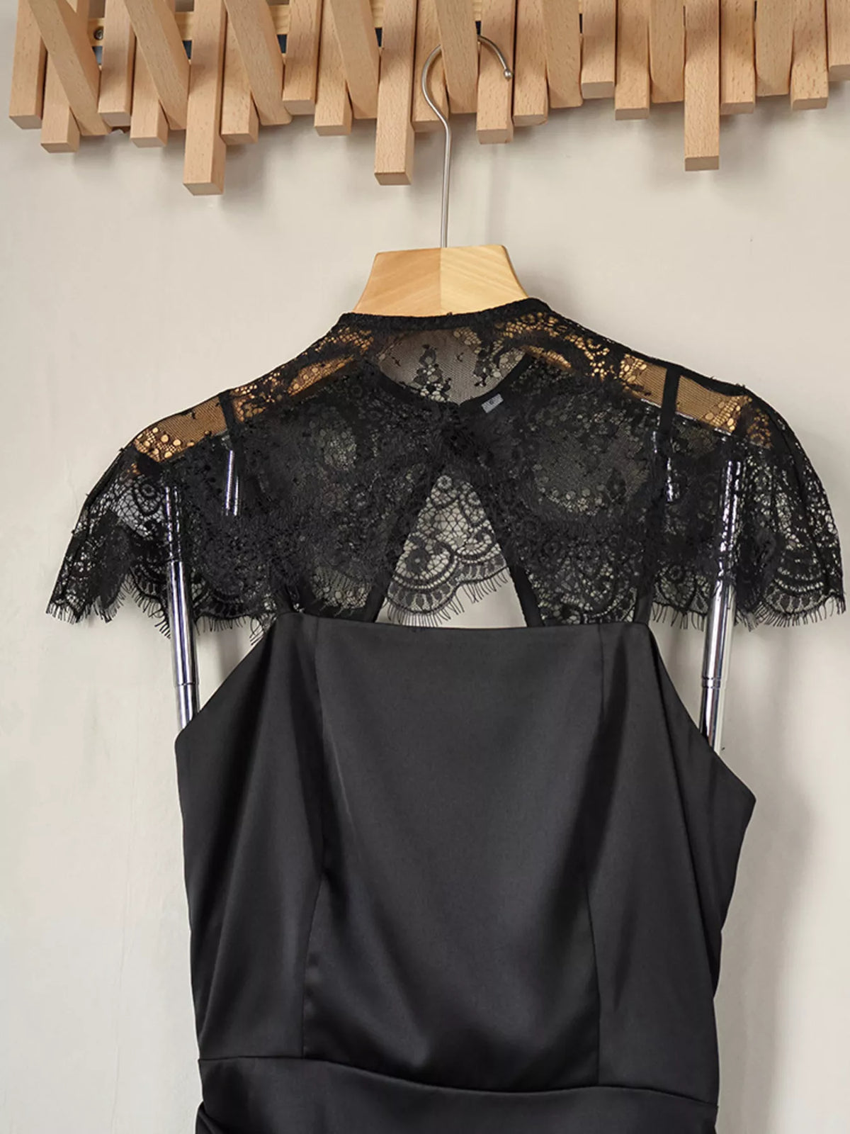 Satin Mini Dress with Lace Detachable Cape in Black