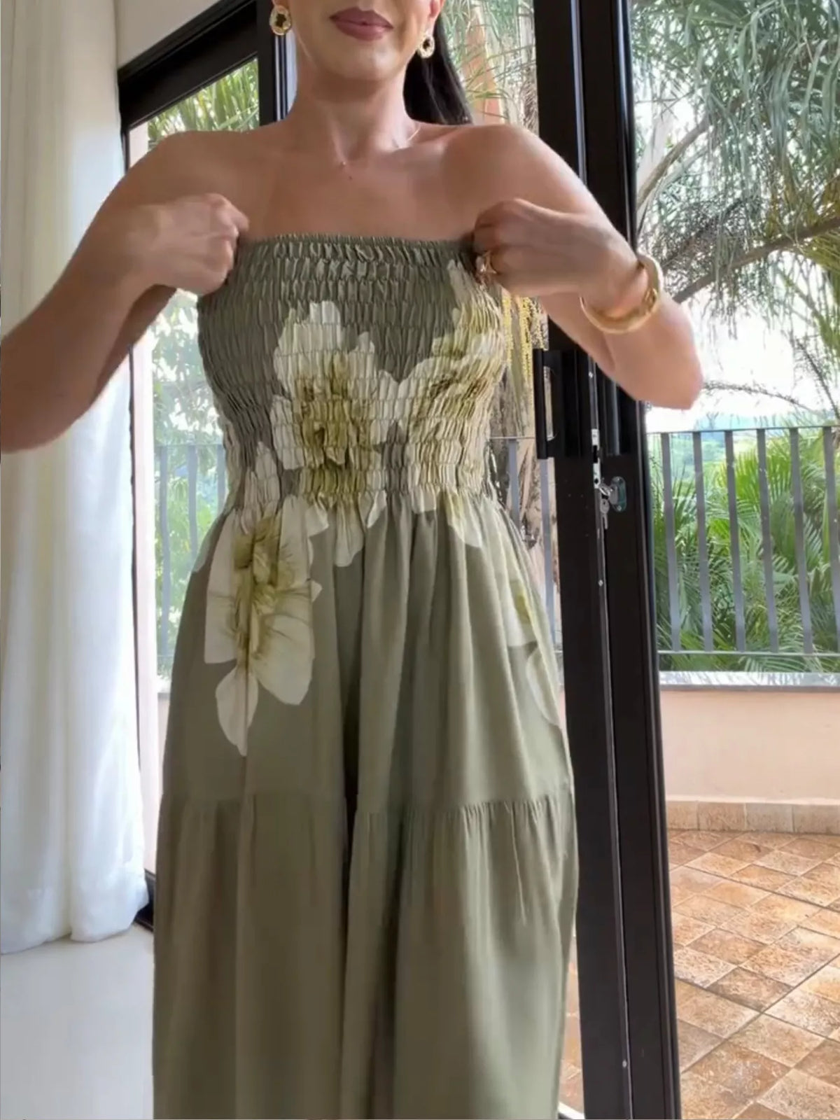 Floral Print Smocked Tube Maxi Dress in Green