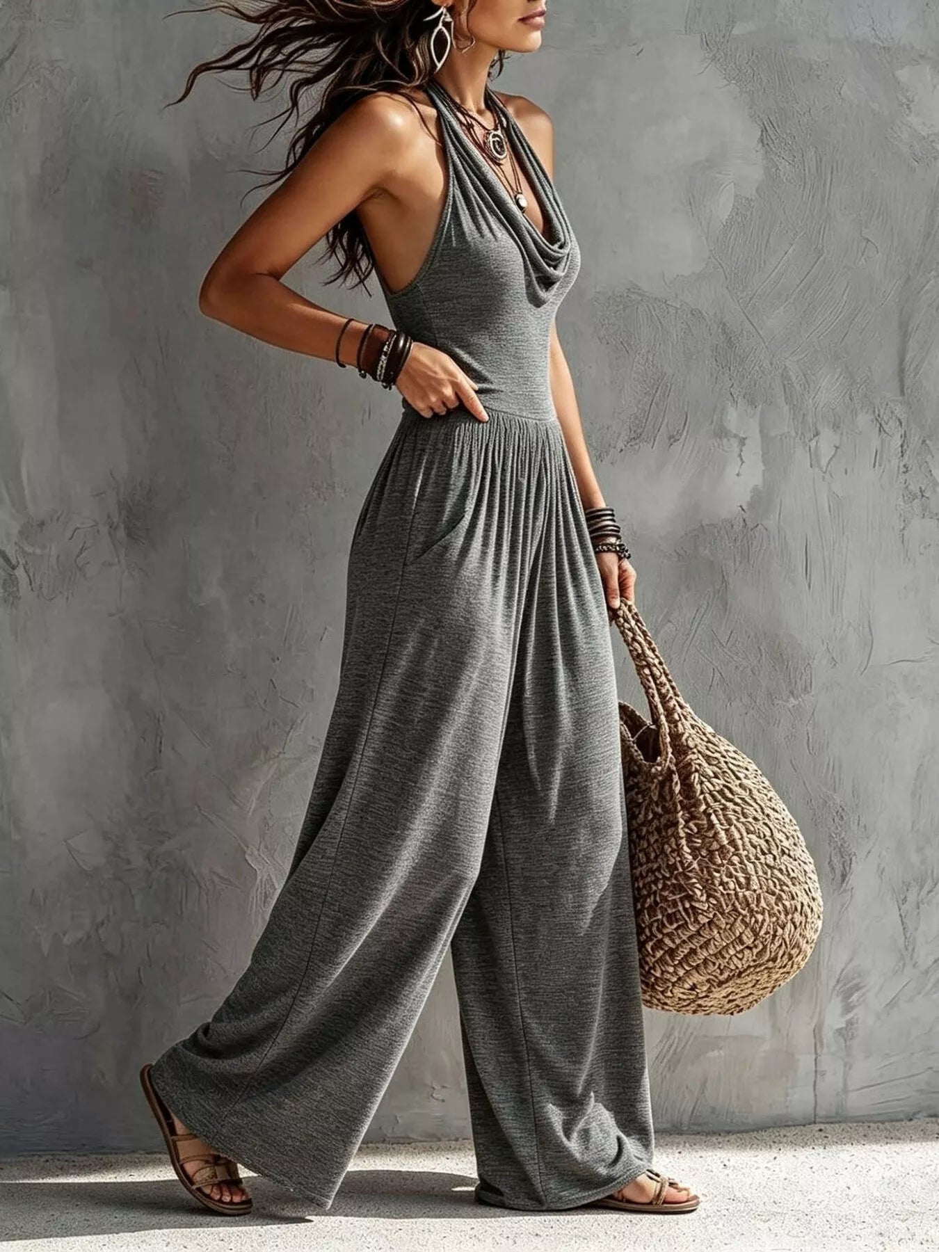 Halter Neck Wide-Leg Jumpsuit in Gray