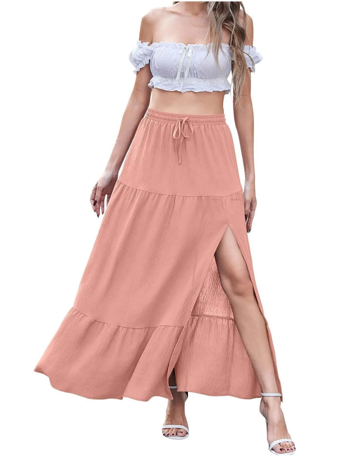 Tiered Ruffled Slit Maxi Skirt