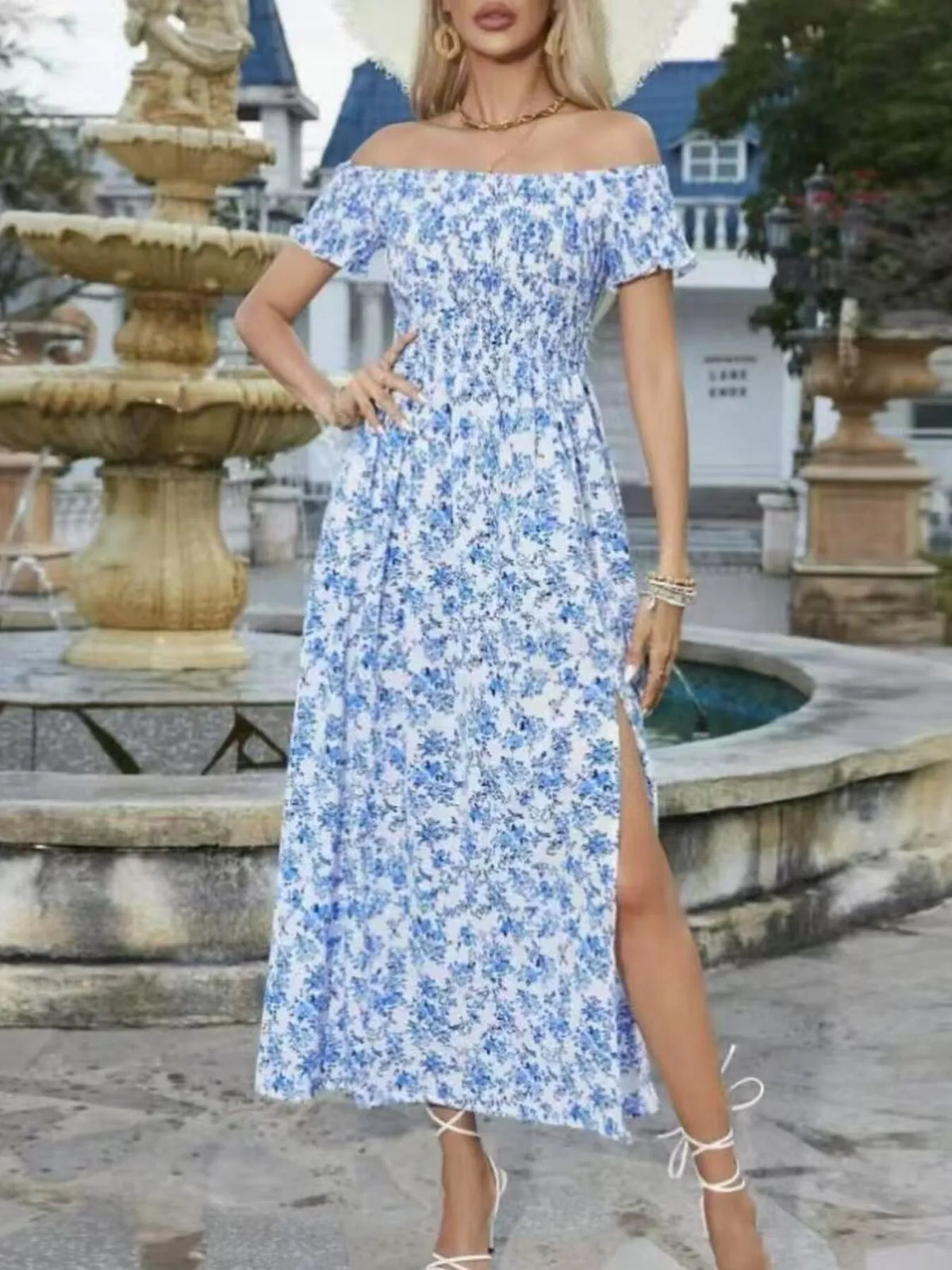 Off-Shoulder Smocked Floral Midi Dress