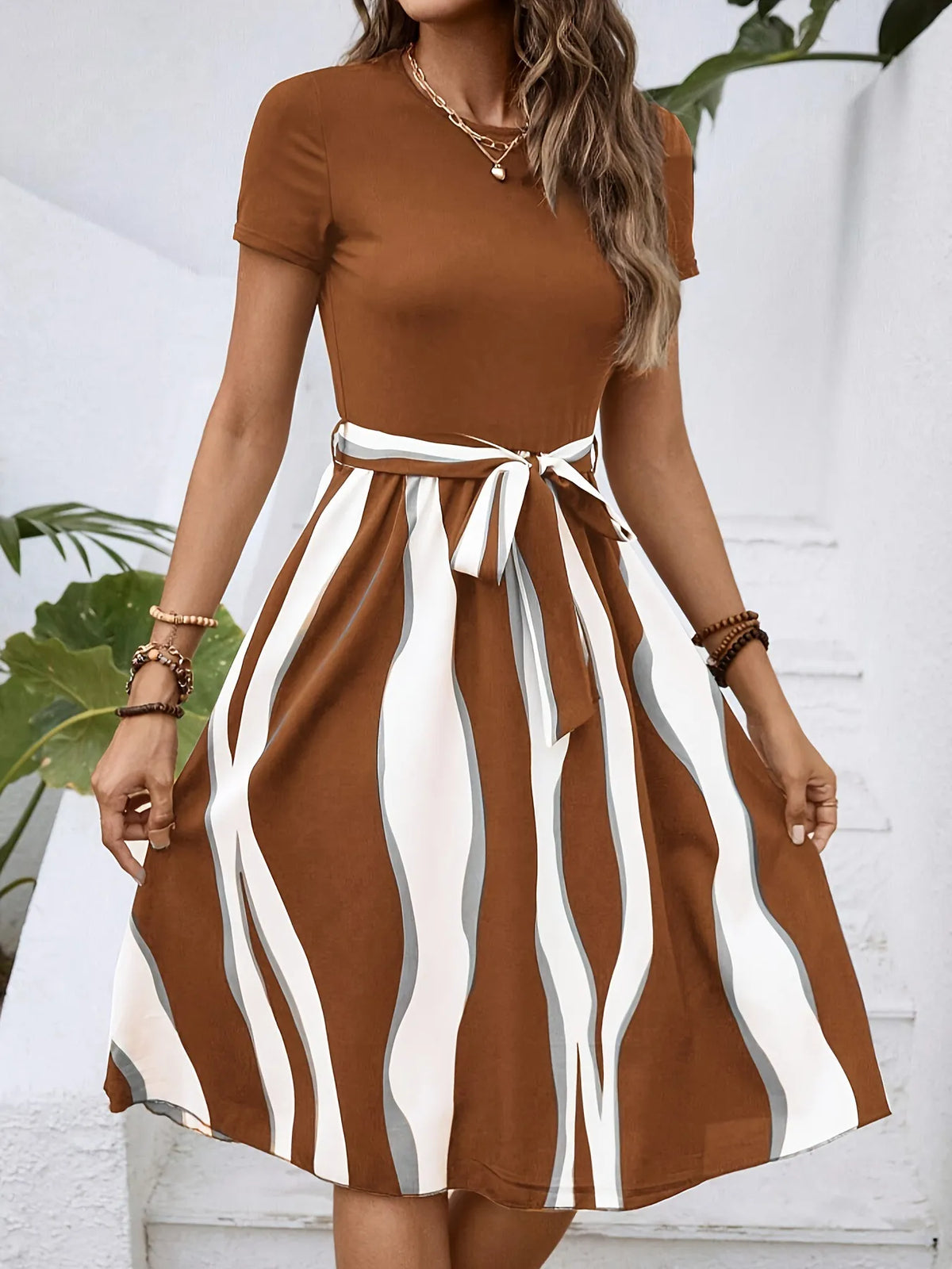 Striped Short Sleeve Tie Waist Dress by Classic Comfort