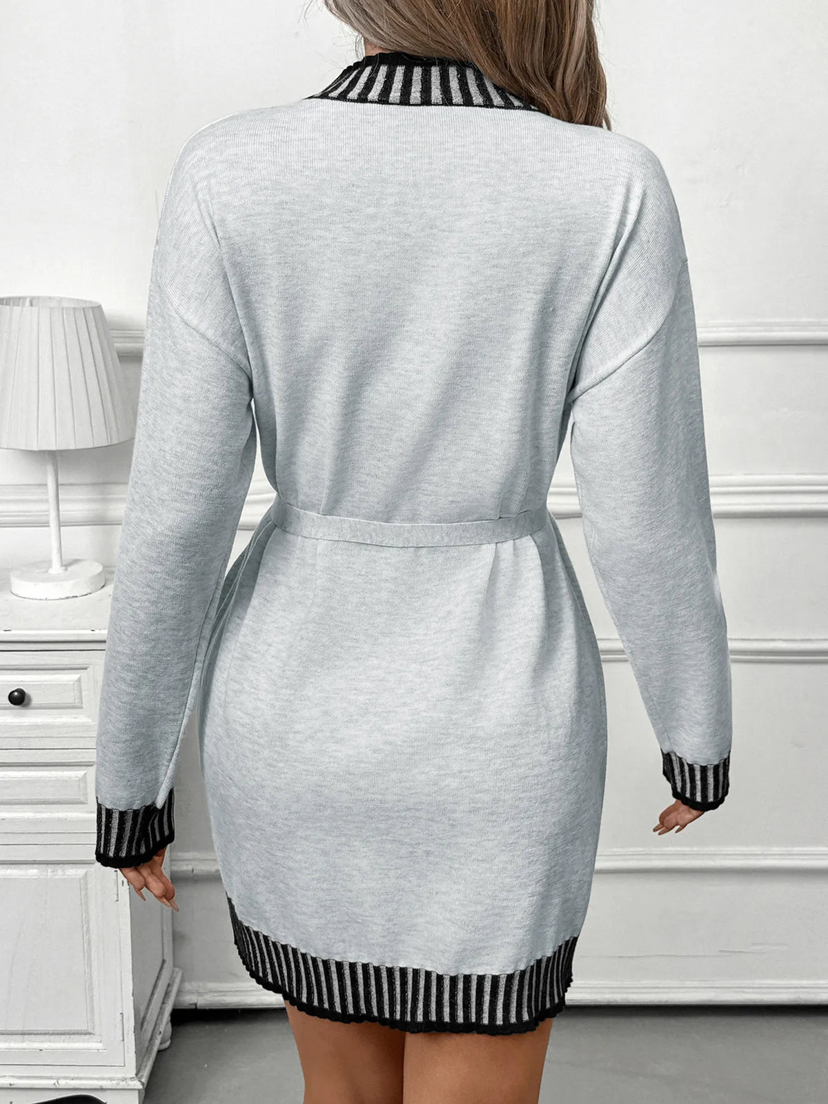 Striped Trim Tie-Waist Sweater Dress in Light Gray