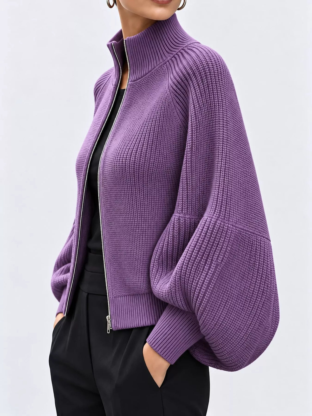 Ribbed Knit Zip-Up Cardigan with Lantern Sleeves