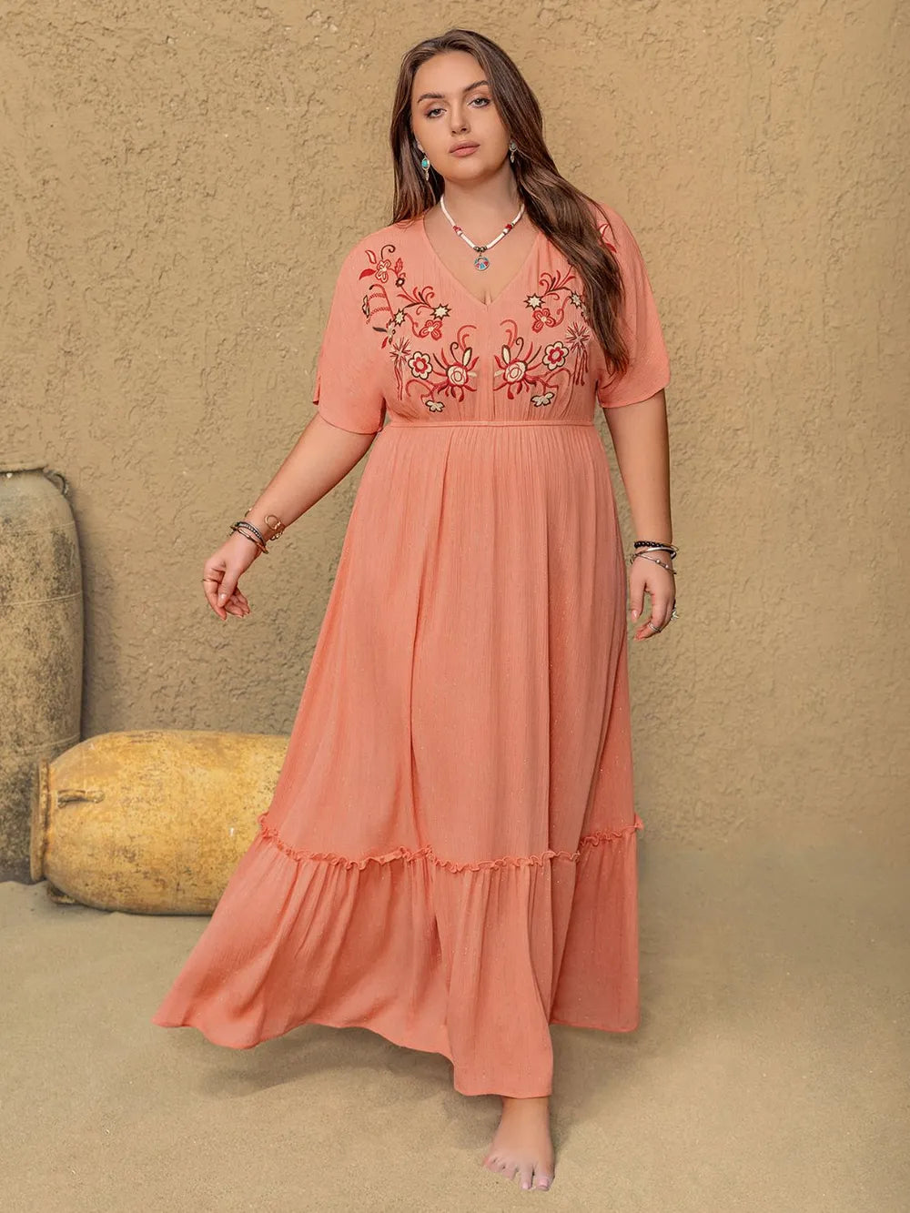 Frill Embroidered V-Neck Maxi Dress in Coral