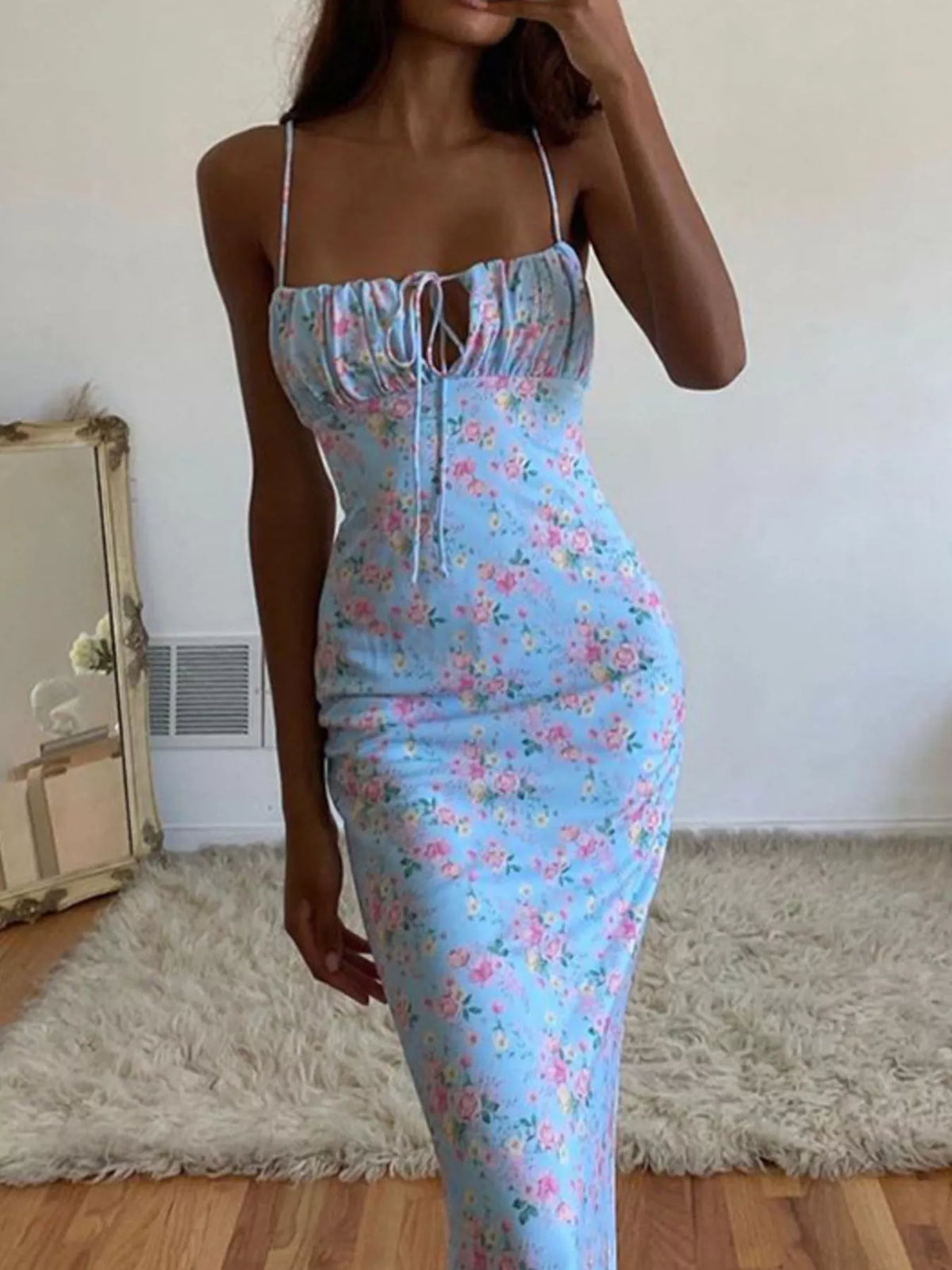 Floral Print Tie Strap Bodycon Maxi Dress by Calliope