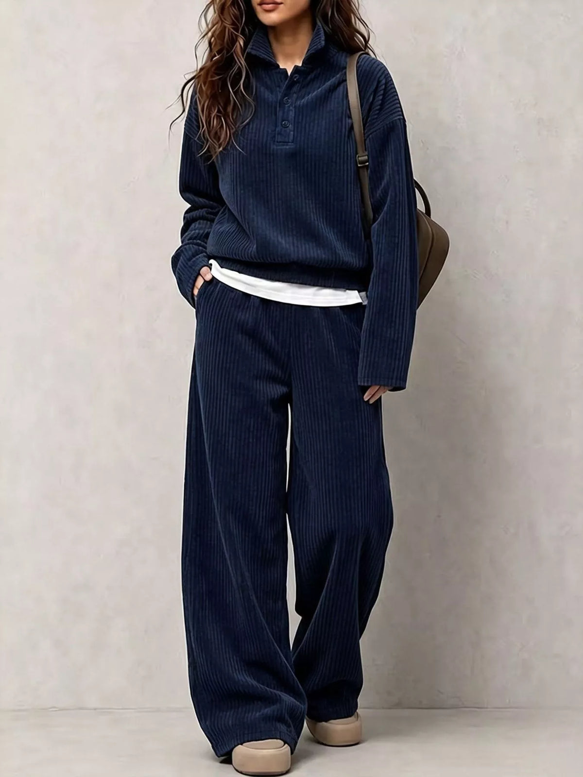 Corduroy Button-Front Top and Wide Leg Pants Set