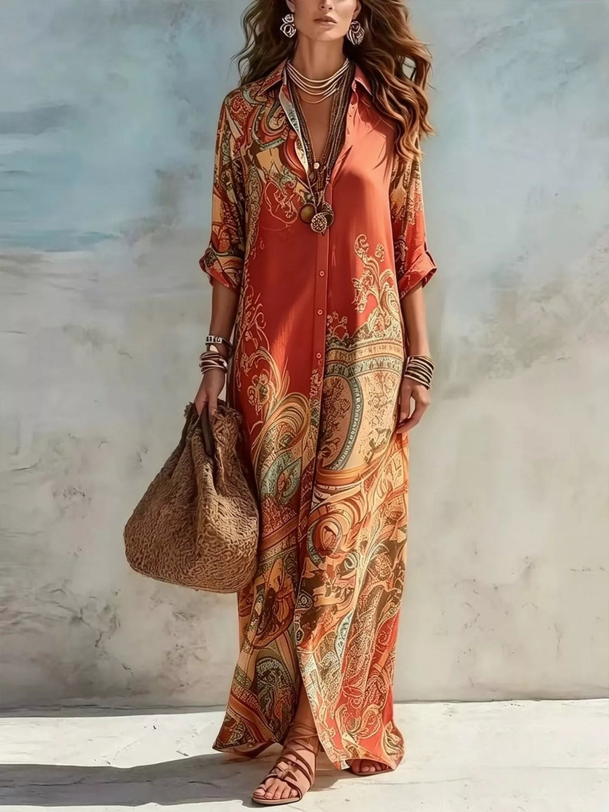 Printed Button-Down Shirt Maxi Dress