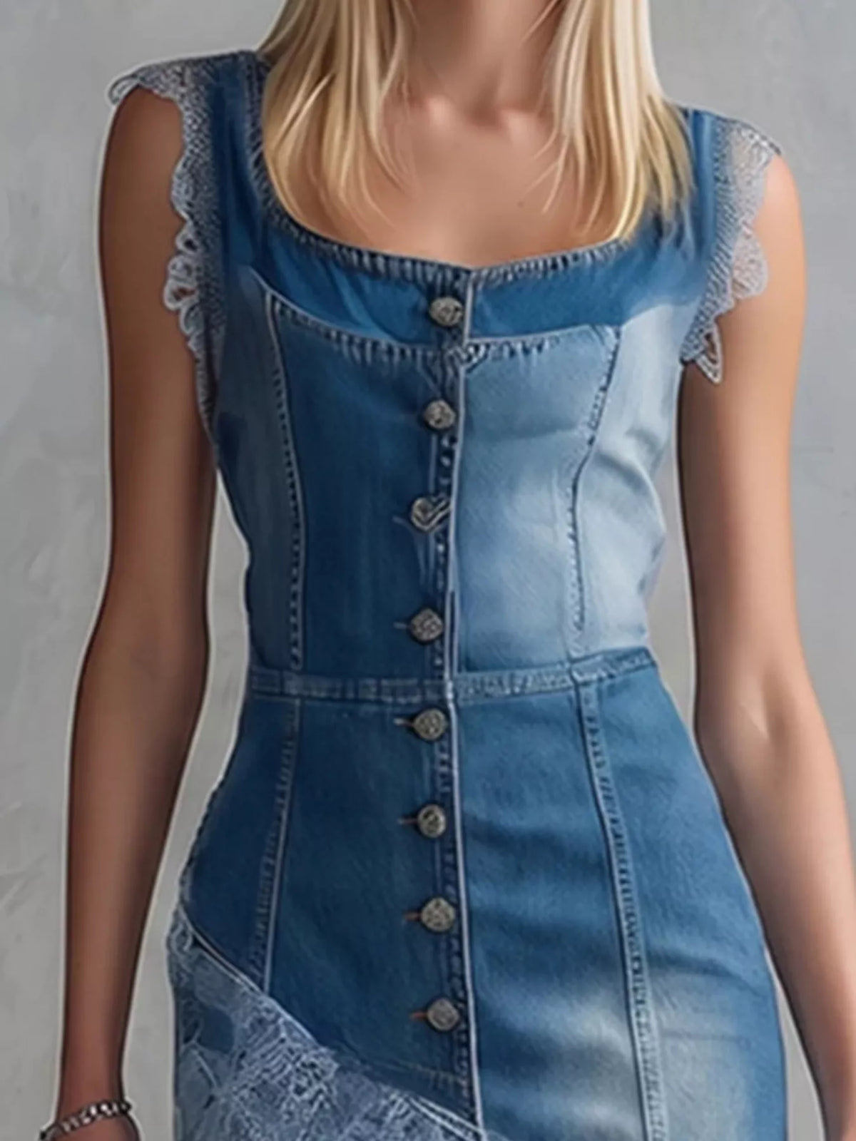 Sleeveless Patchwork Denim Dress with Lace Hem in Blue