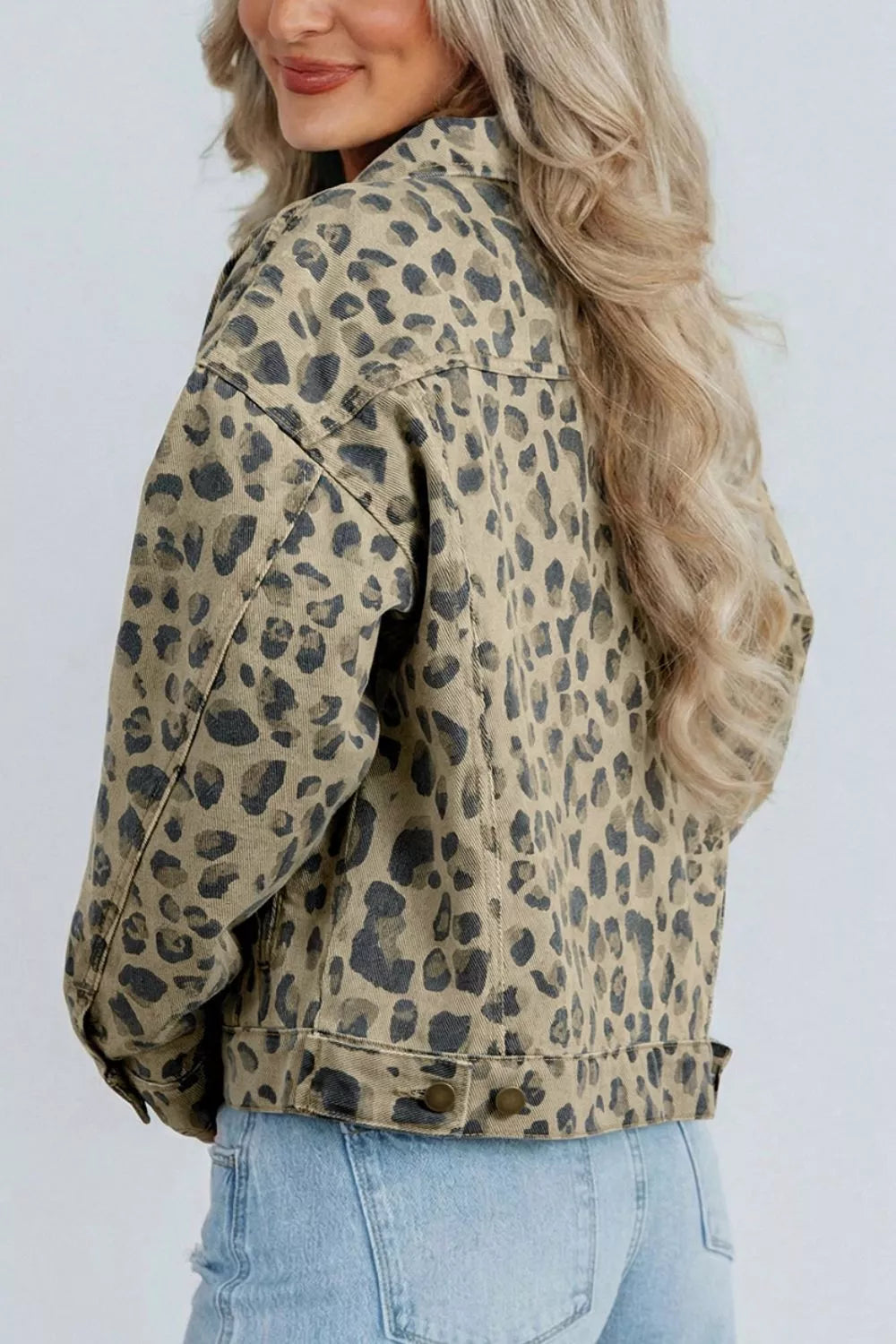 Leopard Print Button-Down Denim Jacket