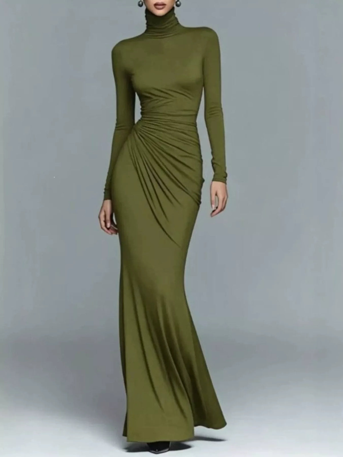 Turtleneck Long Sleeve Ruched Maxi Dress
