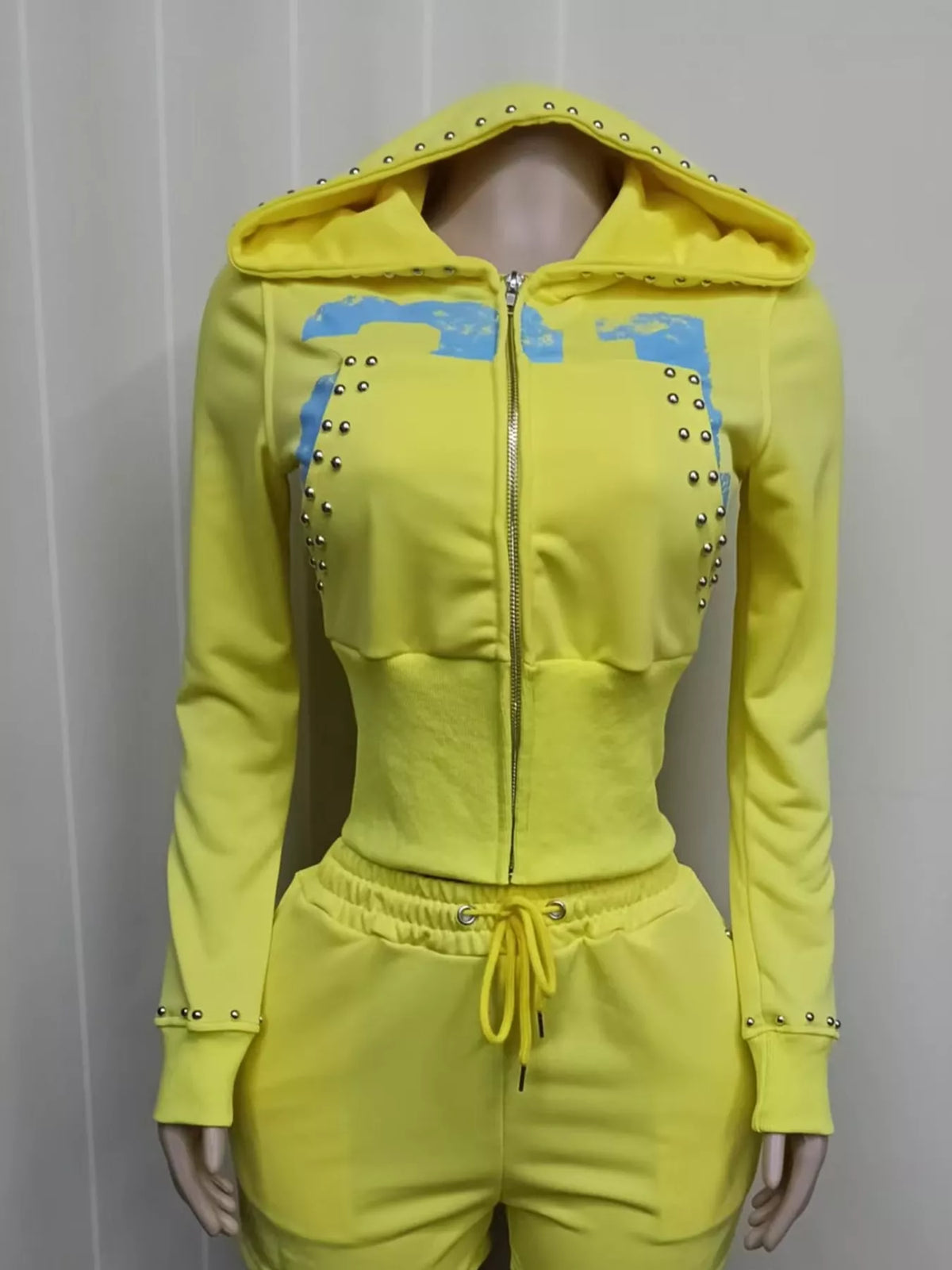 Studded Zip-Up Hoodie and Shorts Set