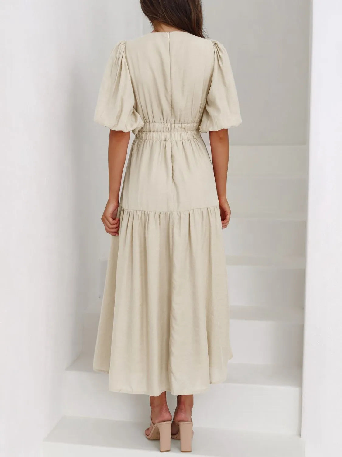 V-Neck Puff Sleeve Ruched Midi Dress