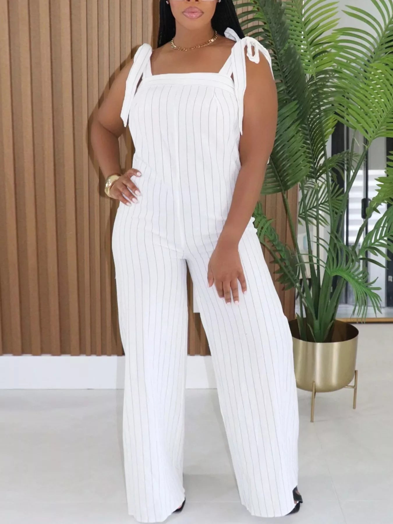 Striped Tie-Shoulder Wide-Leg Jumpsuit in White