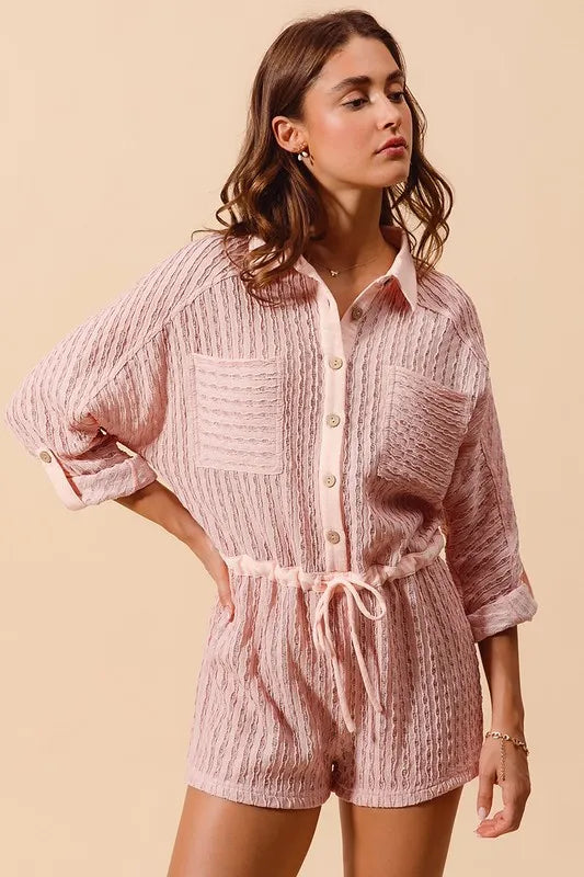 So Me Textured Knit Button Front Romper in Dusty Pink