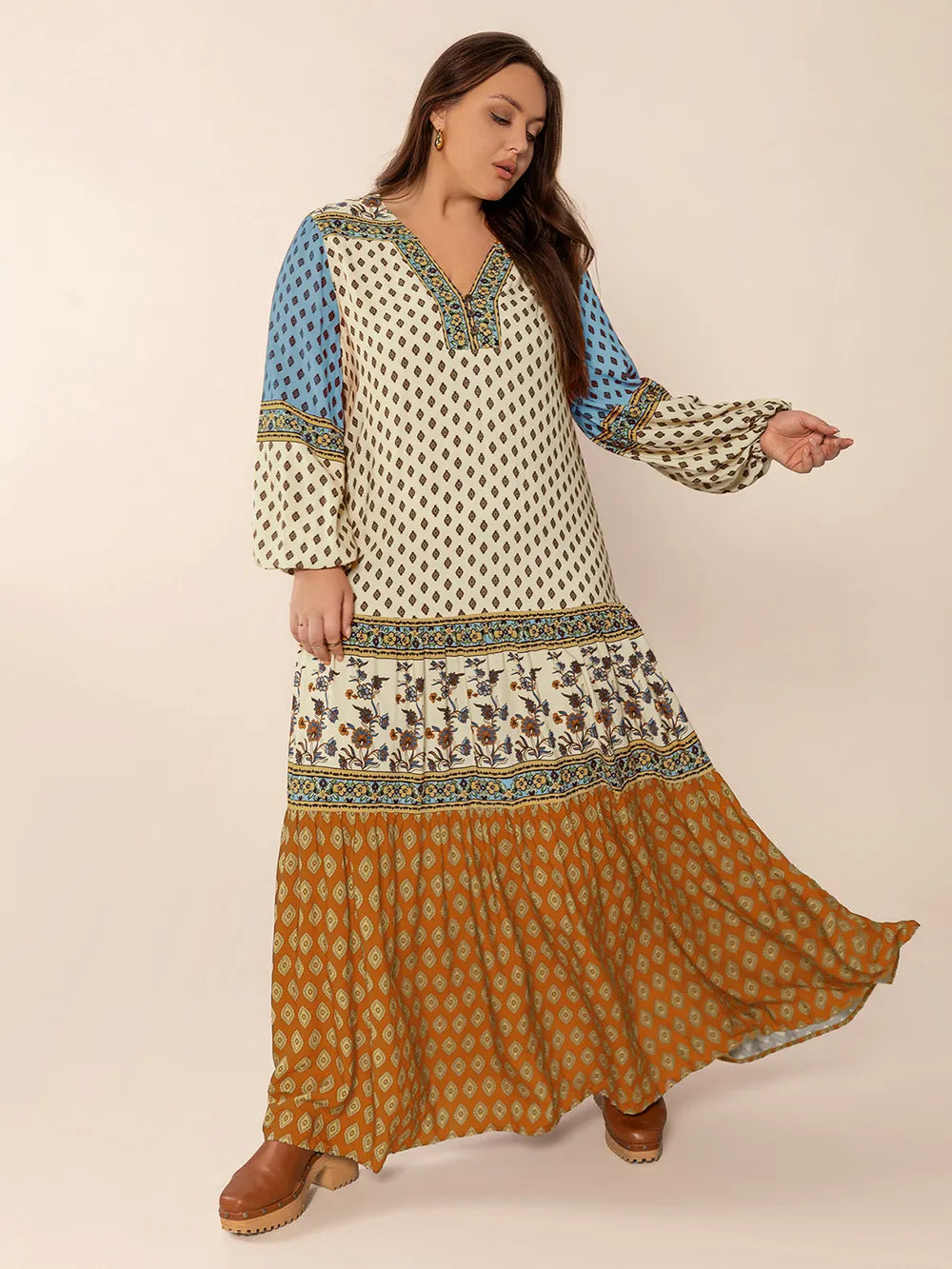 Printed V-Neck Balloon Sleeve Maxi Dress in Camel