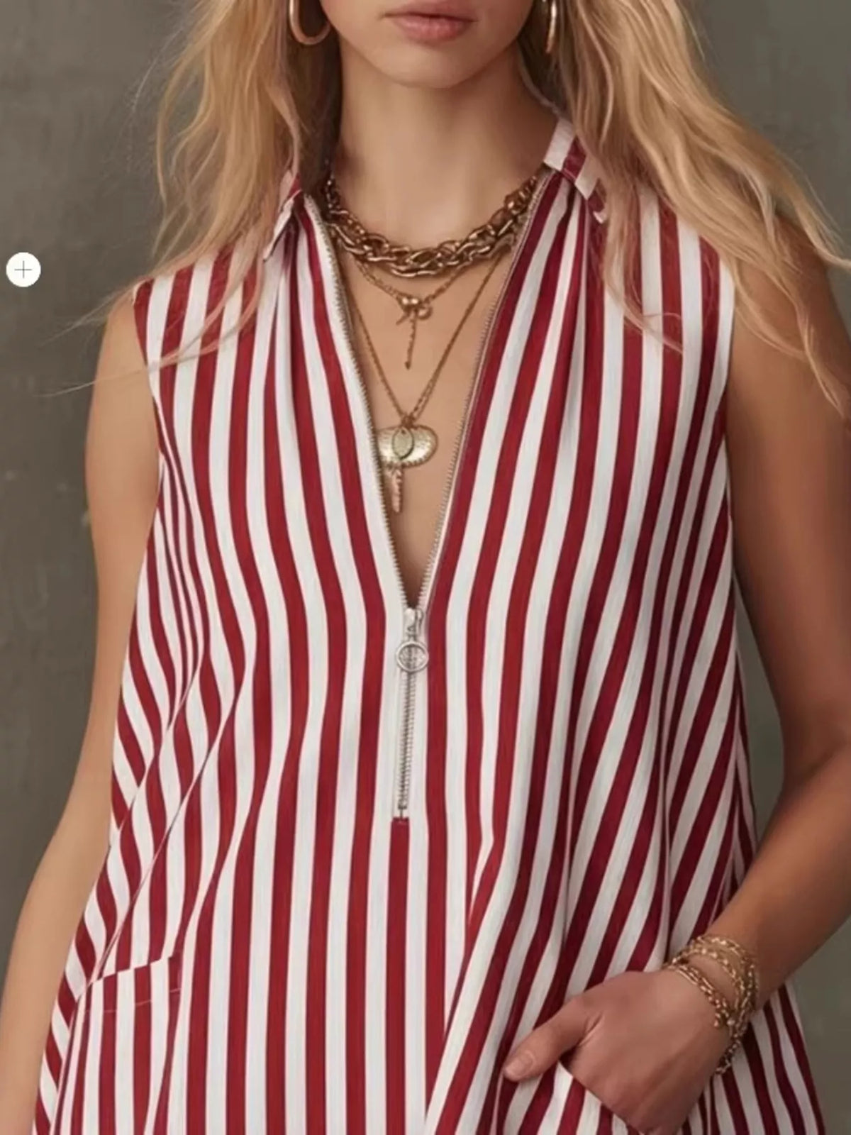 Striped Zipper-Neck Ruffle Hem Dress