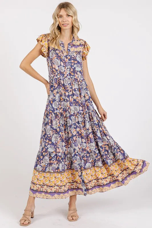 Floral Ruffled Notched Cap Sleeve Maxi Dress in Peacock Blue in Peacock  Blue by Mittoshop