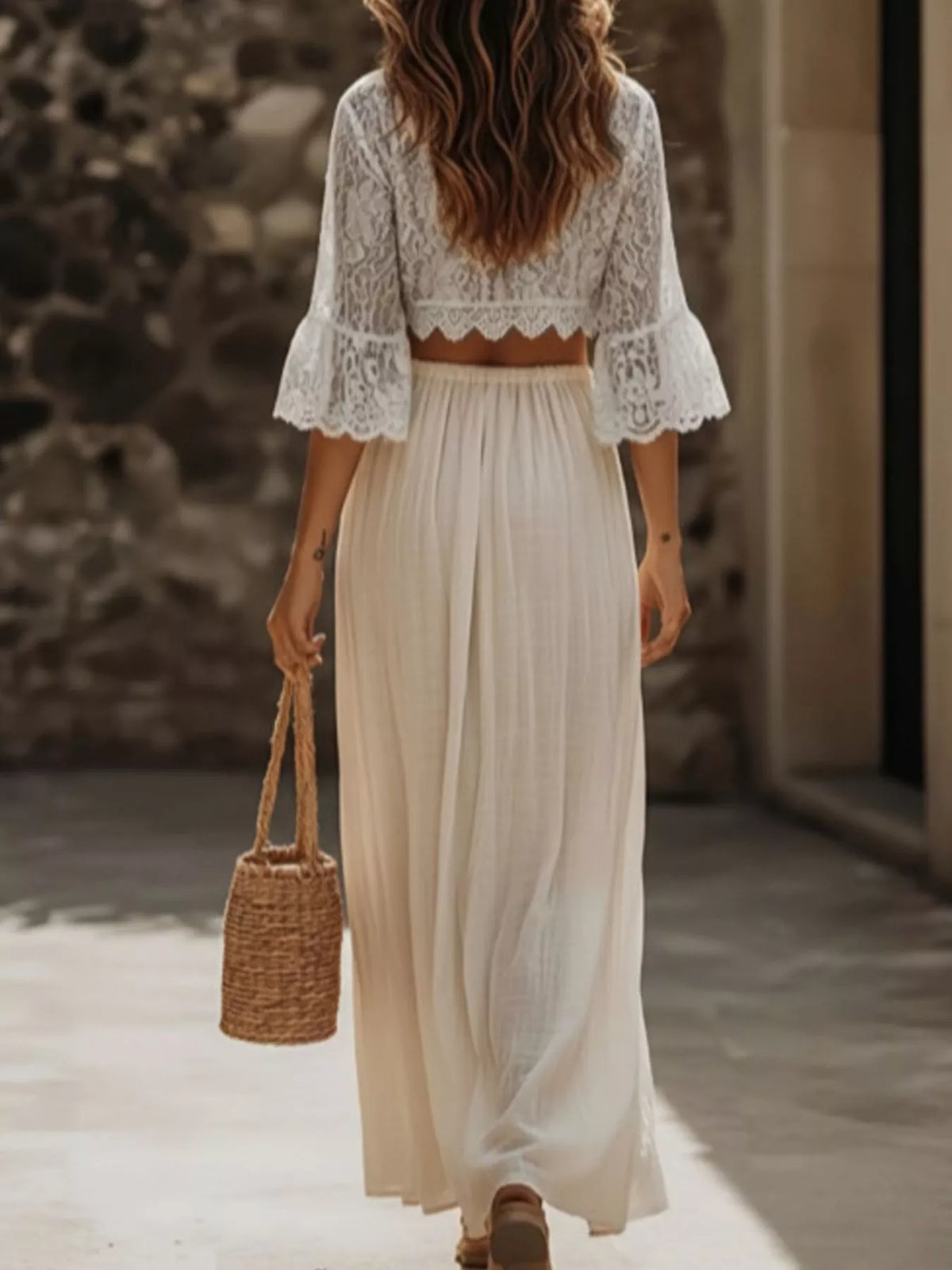 Lace Crop Top and Slit Maxi Skirt Set in Apricot