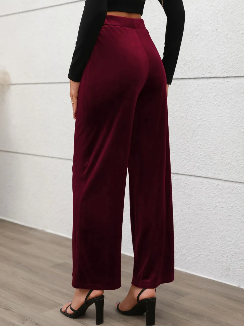 Elastic Waist Wide Leg Pants in Burgundy