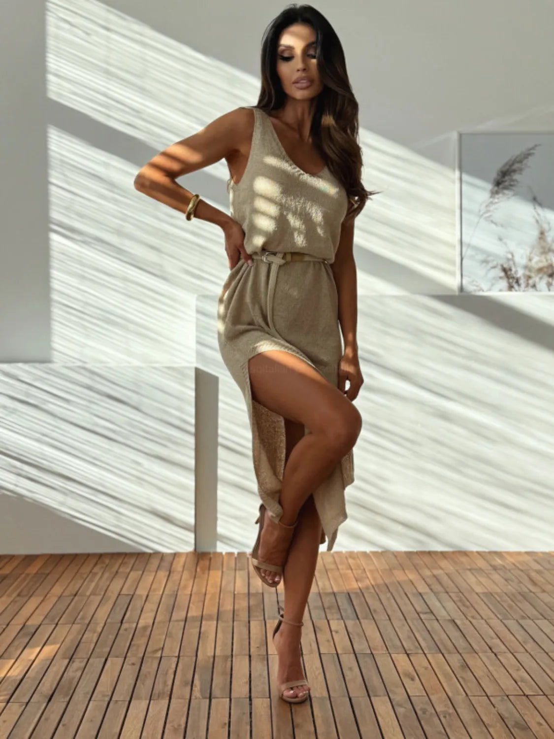Slit V-Neck Sleeveless Sweater Dress in Khaki