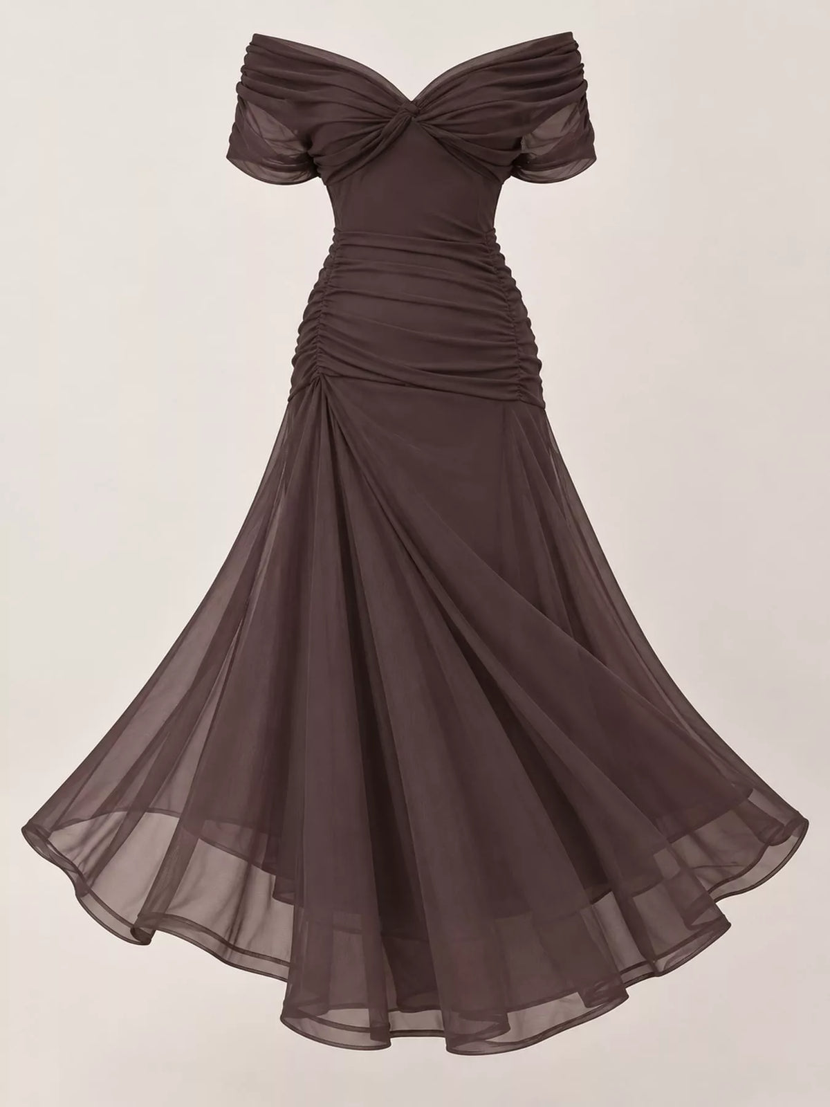 Off-Shoulder Ruched Tulle Evening Maxi Dress