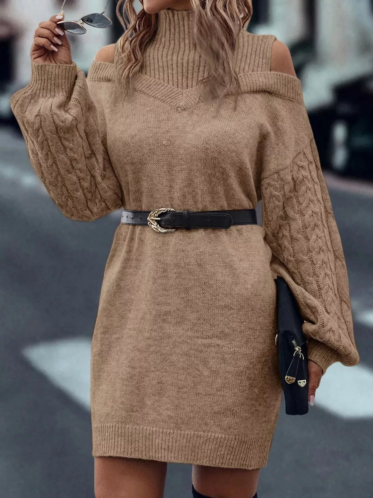 Cable-Knit Cold-Shoulder Mock-Neck Sweater Dress