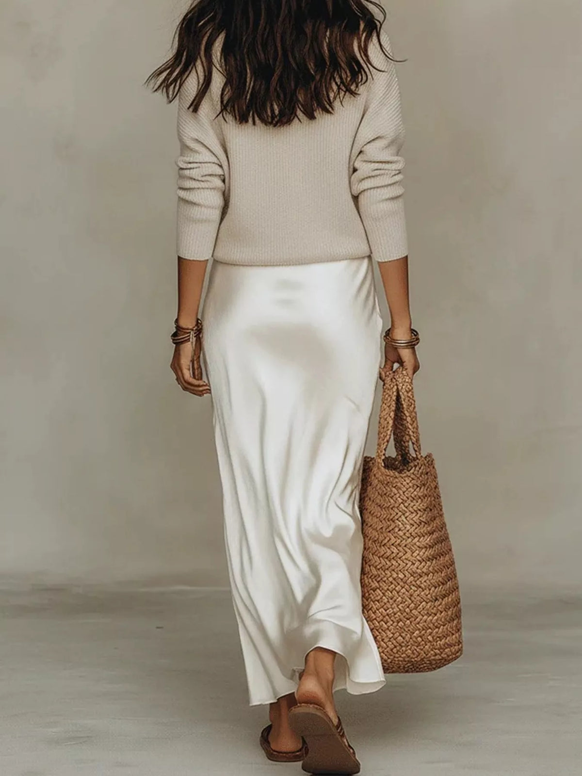 V-Neck Top and Satin Midi Skirt Set