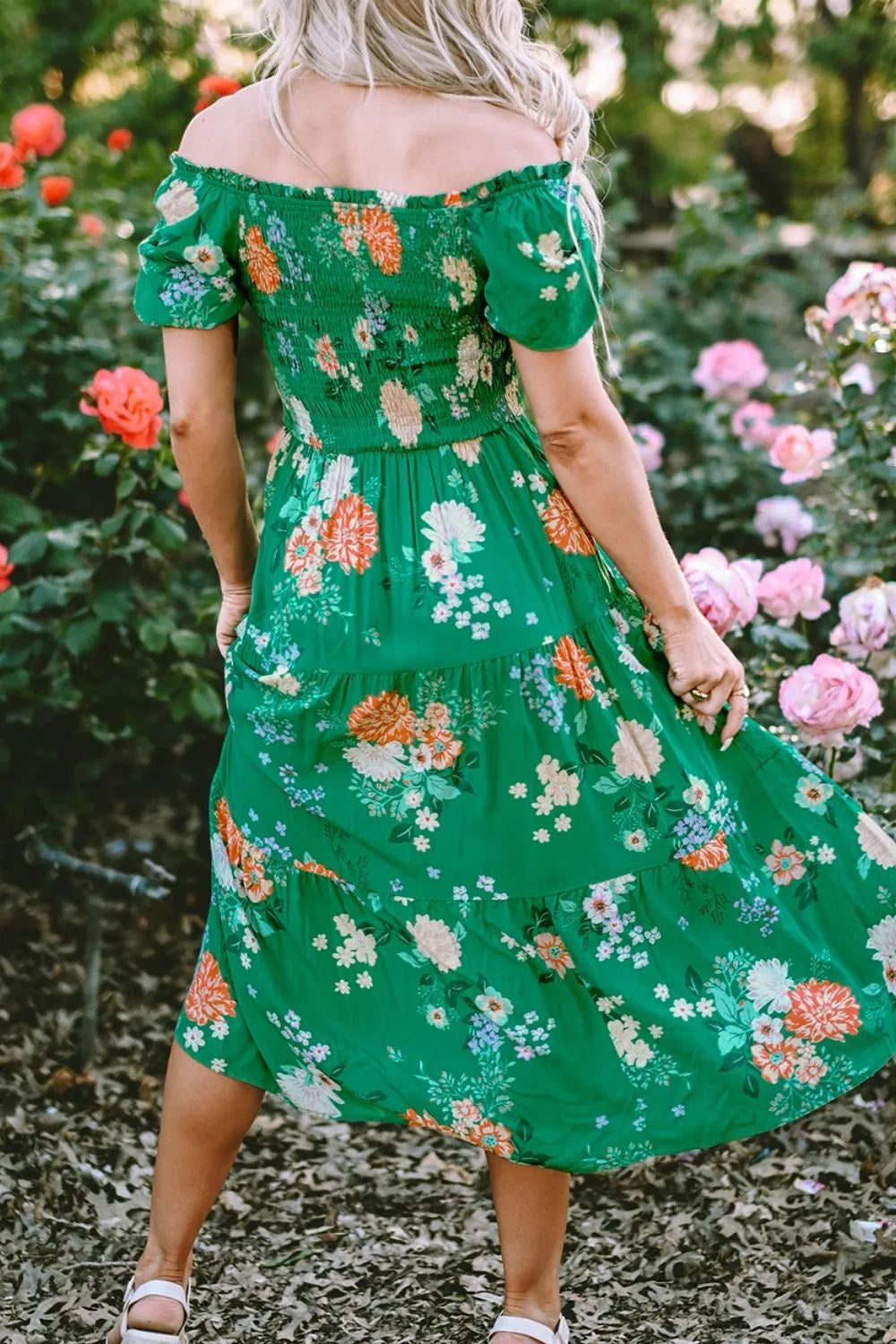 Floral Bubble Sleeve Midi Dress in Dark Green