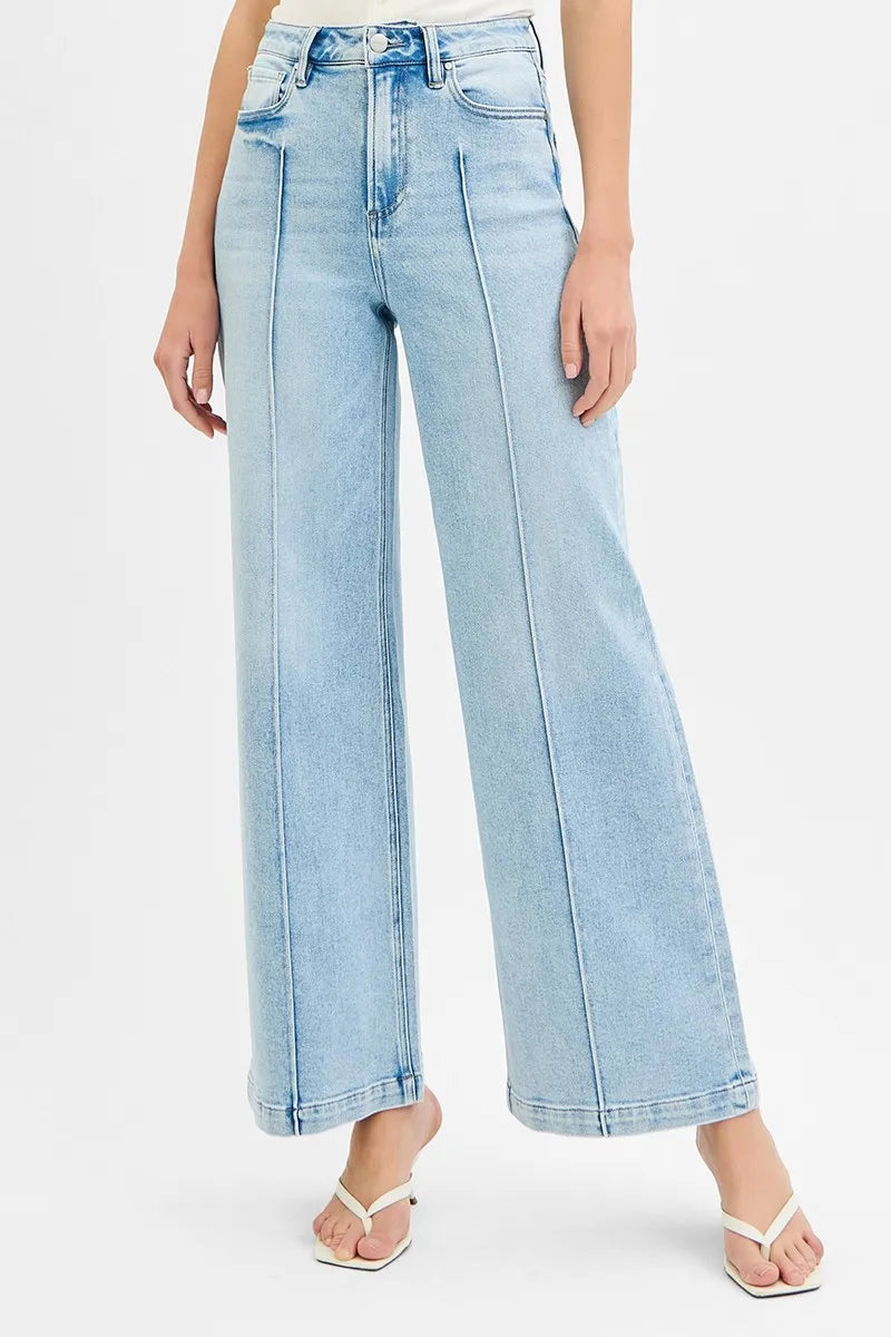Risen High Waist Wide Leg Pintuck Jeans in Light Wash