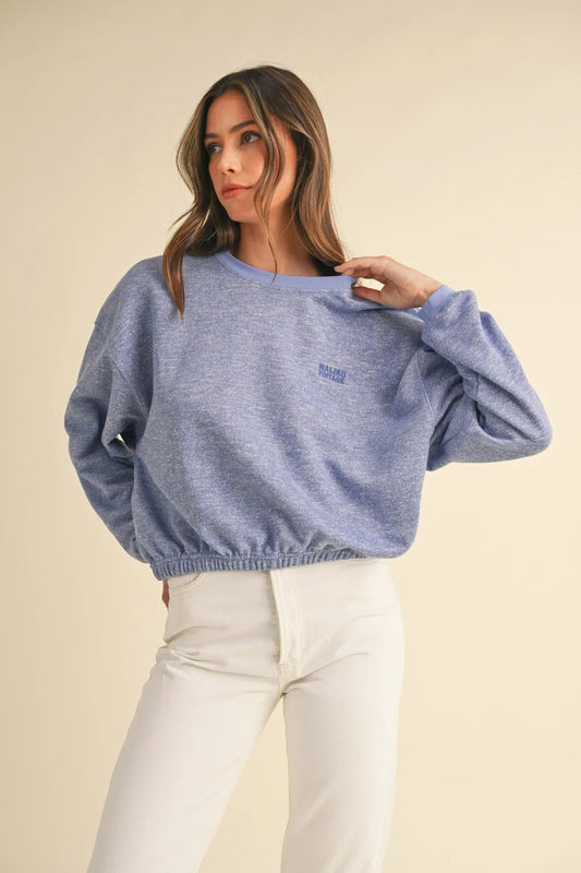 Round Neck Embroidered Crop Sweatshirt in Blue Purple