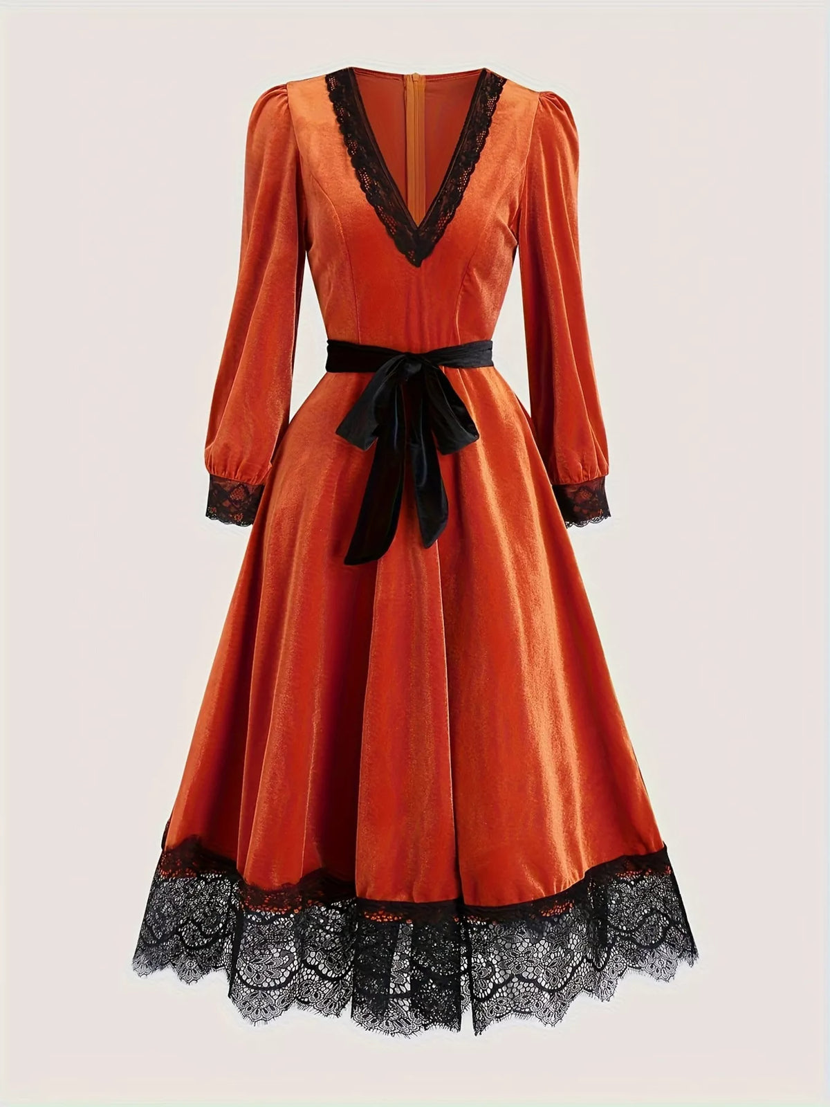 Velvet V-Neck Lace Trim Midi Dress with Waist Tie in Orange Red
