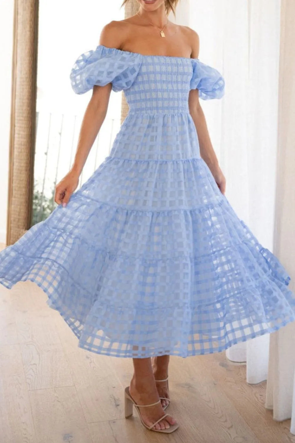 Off Shoulder Puff Sleeve Midi Dress