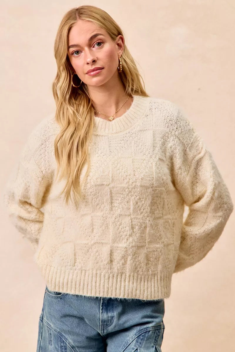 Checkerboard Drop Shoulder Sweater in Ivory by BiBi