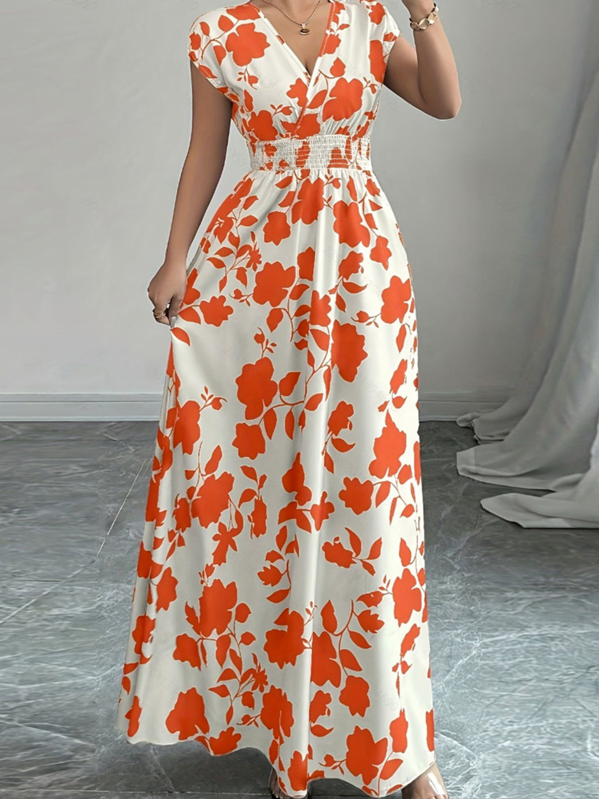 Printed Surplice Cap-Sleeve Maxi Dress
