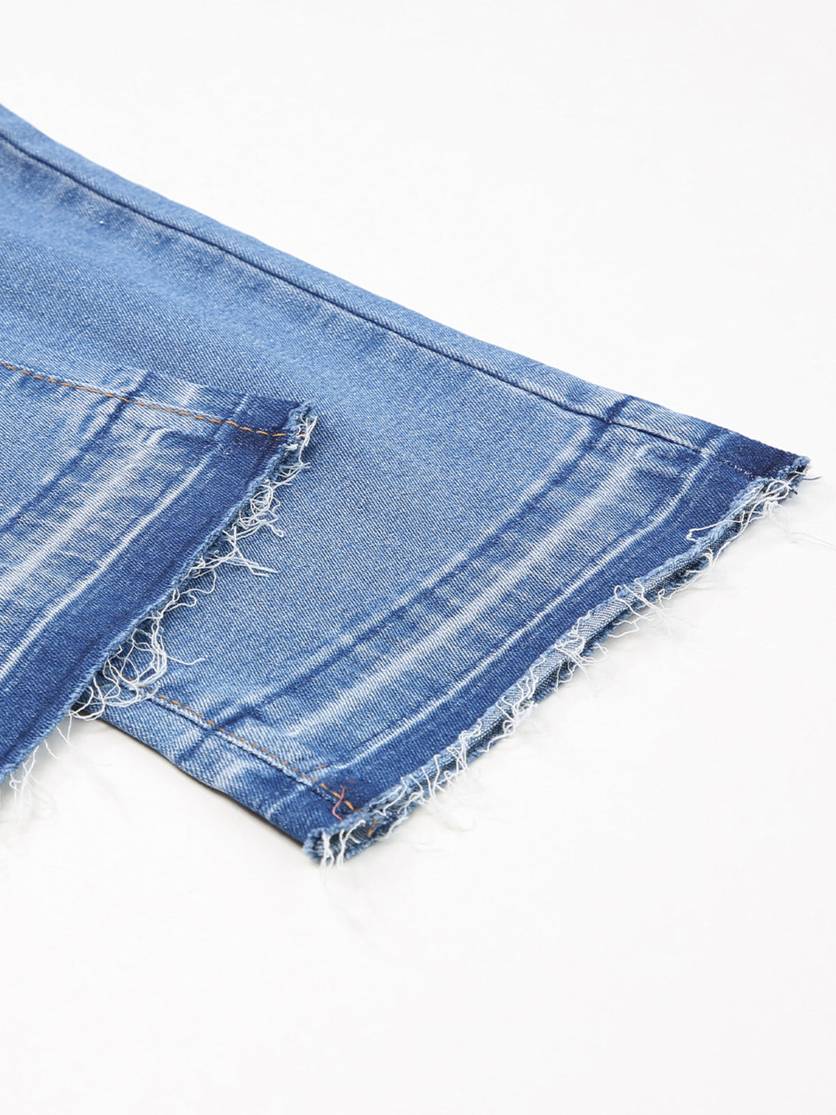 Whiskered Wash Raw Hem Cropped Jeans in Medium Wash