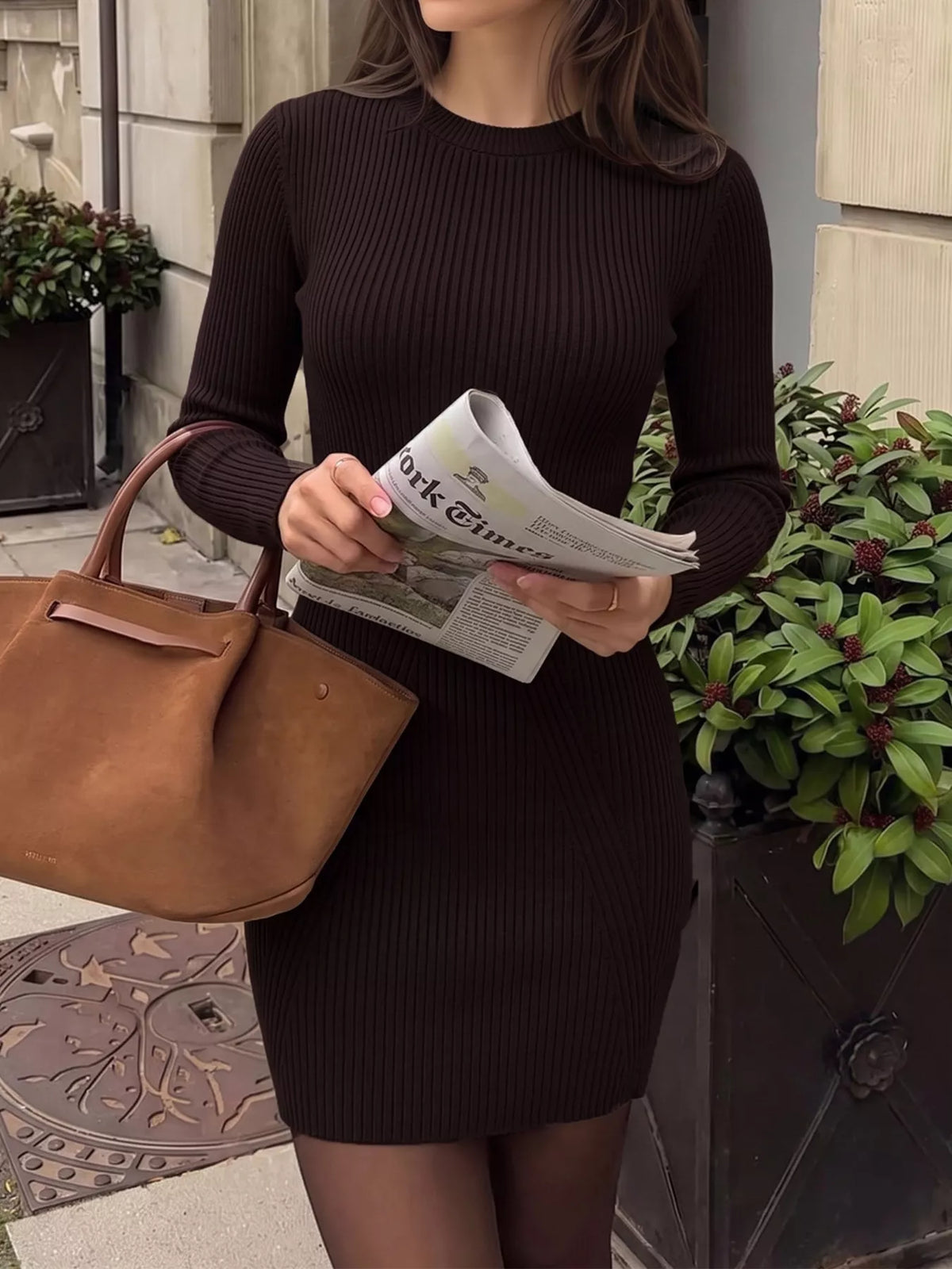 Long Sleeve Ribbed Knit Dress in Brown