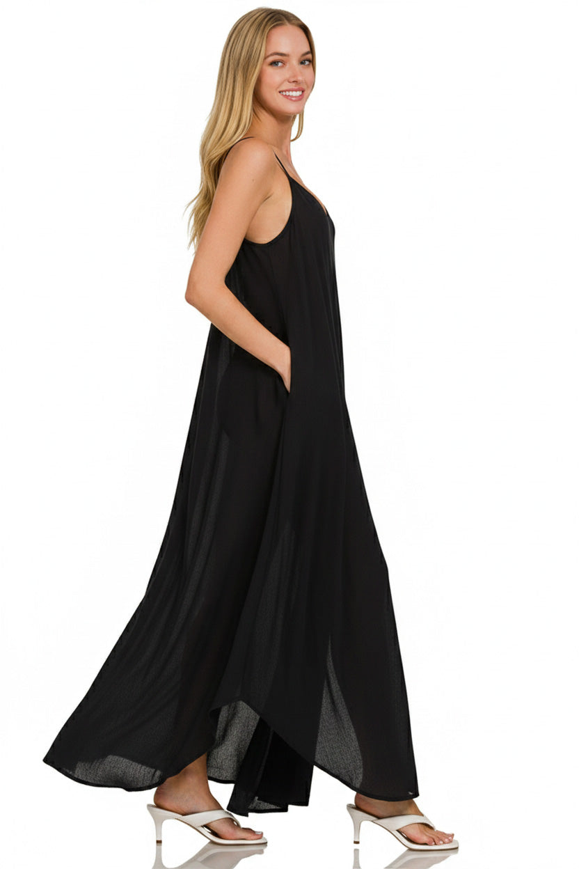 Zenana Crinkle Cami Maxi Dress in Black