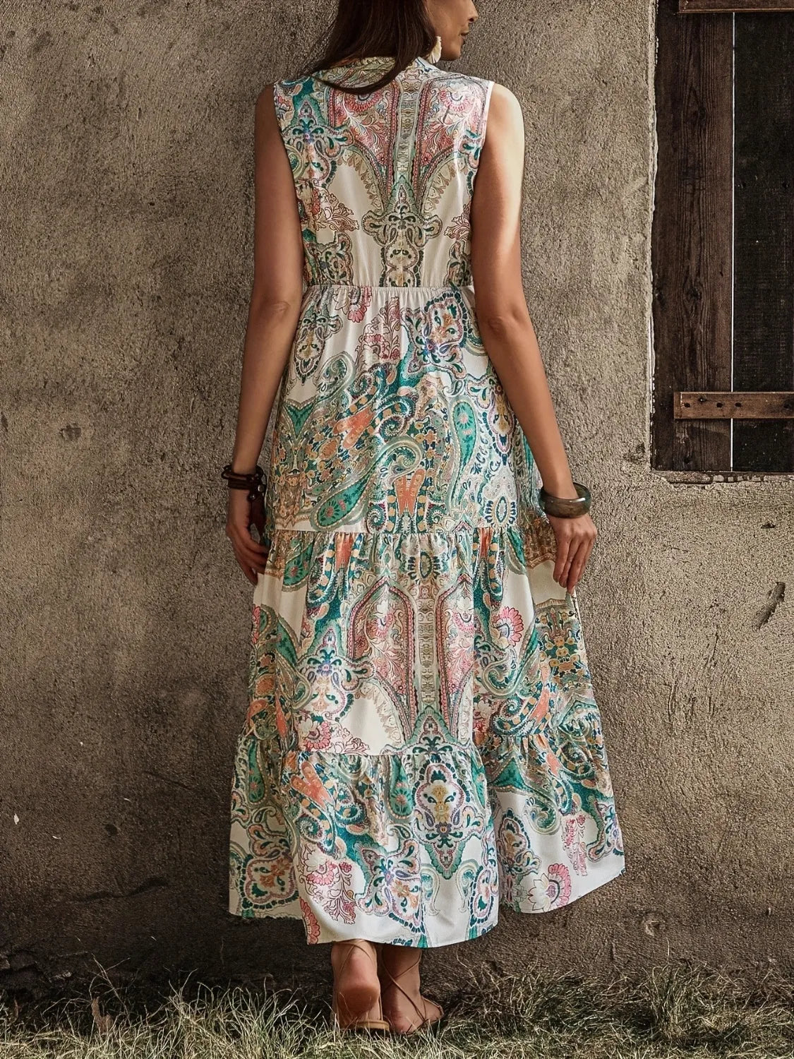 Printed Notched Sleeveless Dress in Cream by Macido