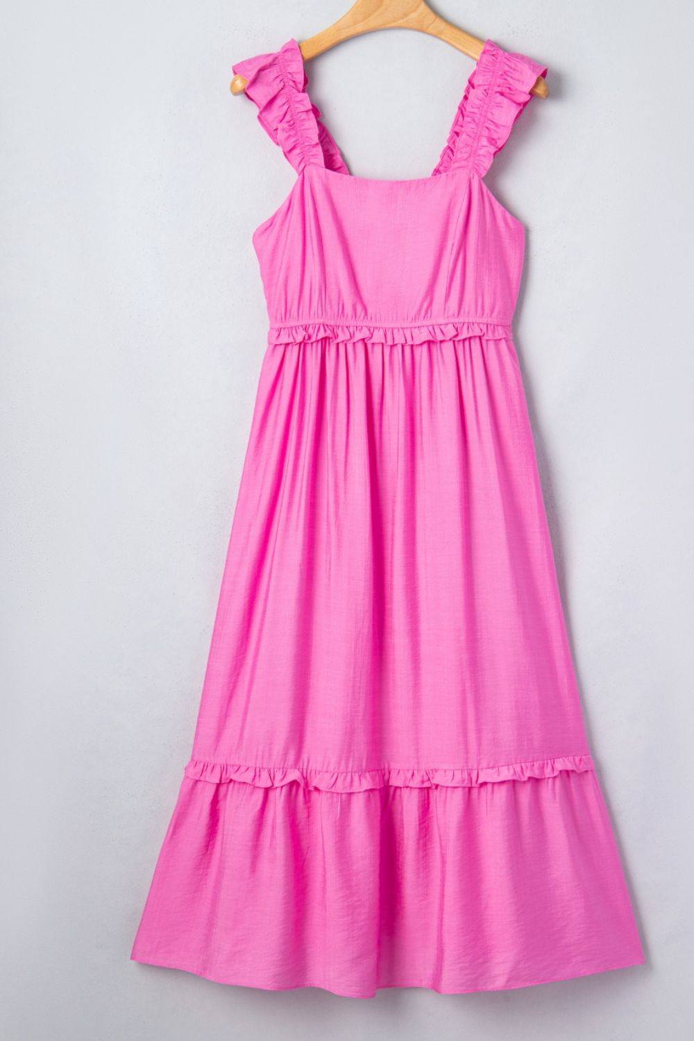 High Waist Ruffle Trim Maxi Dress in Fuchsia Pink