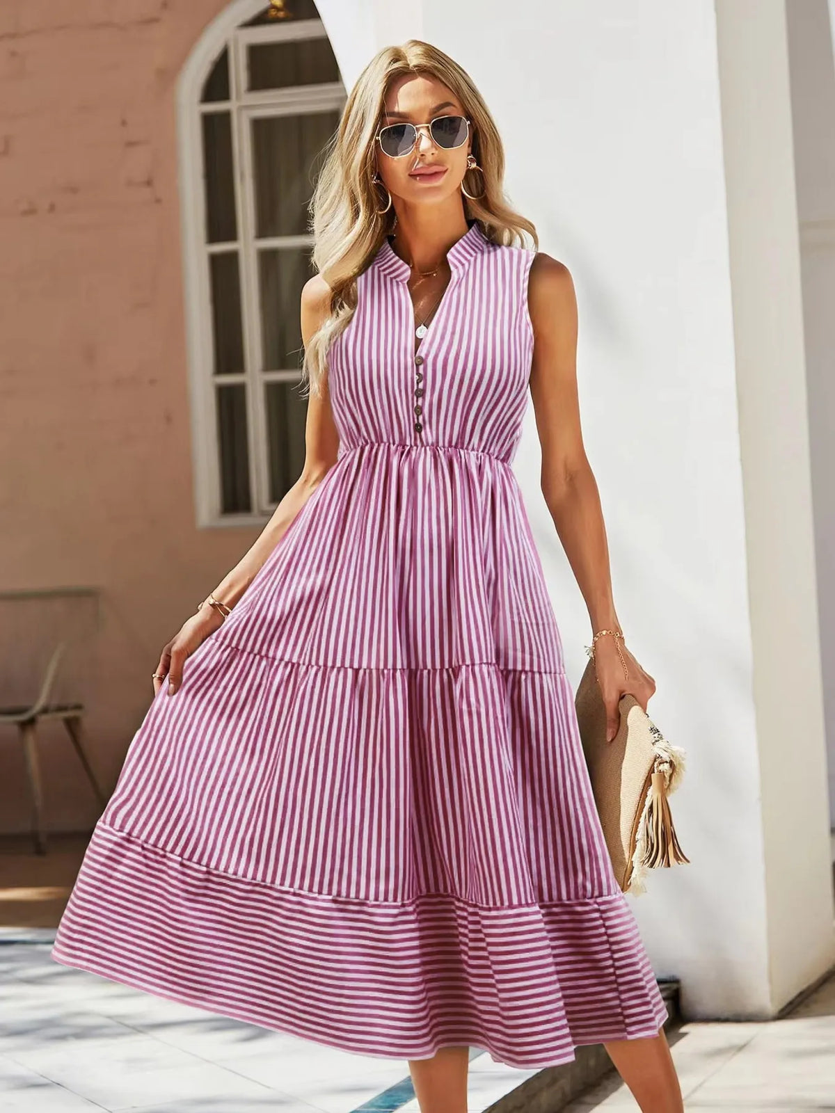 Striped Sleeveless Tiered Midi Dress by Elaine