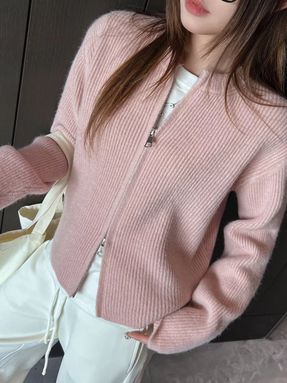 Zip-Up Dropped Shoulder Ribbed Cardigan