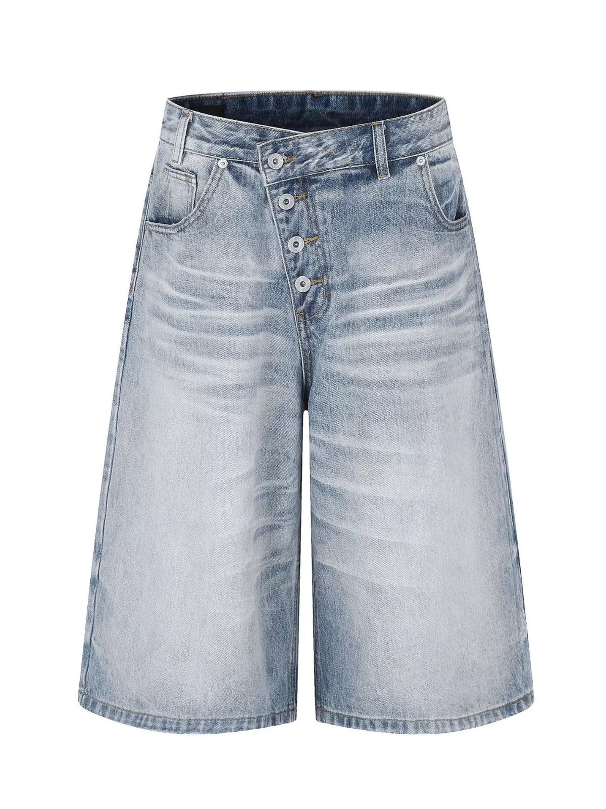 High-Waisted Button-Fly Wide-Leg Capris in Blue by TrendMaster
