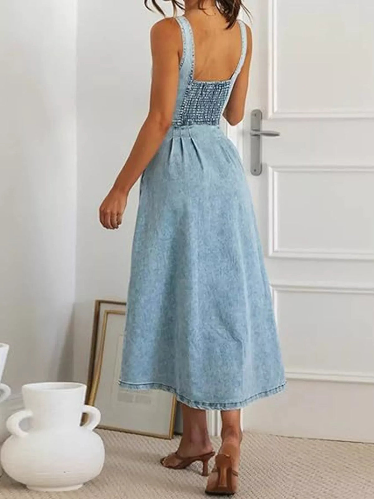 Smocked Back Button-Front Denim Midi Dress