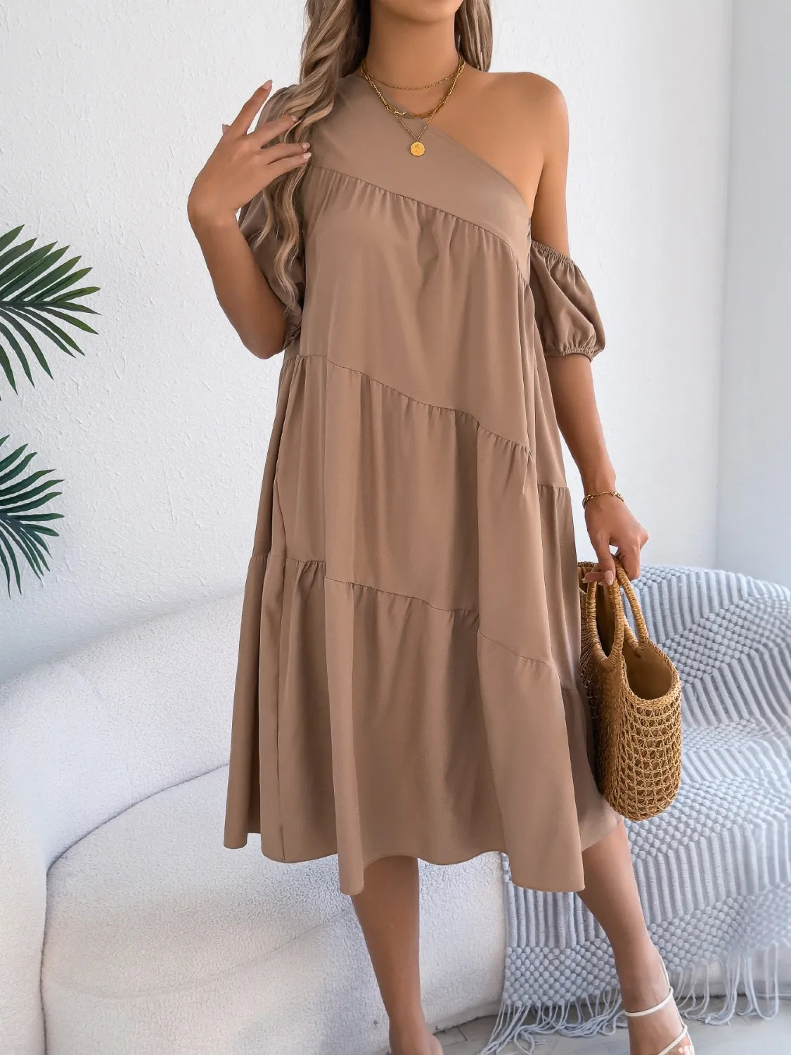 Asymmetrical Single-Shoulder Tiered Dress