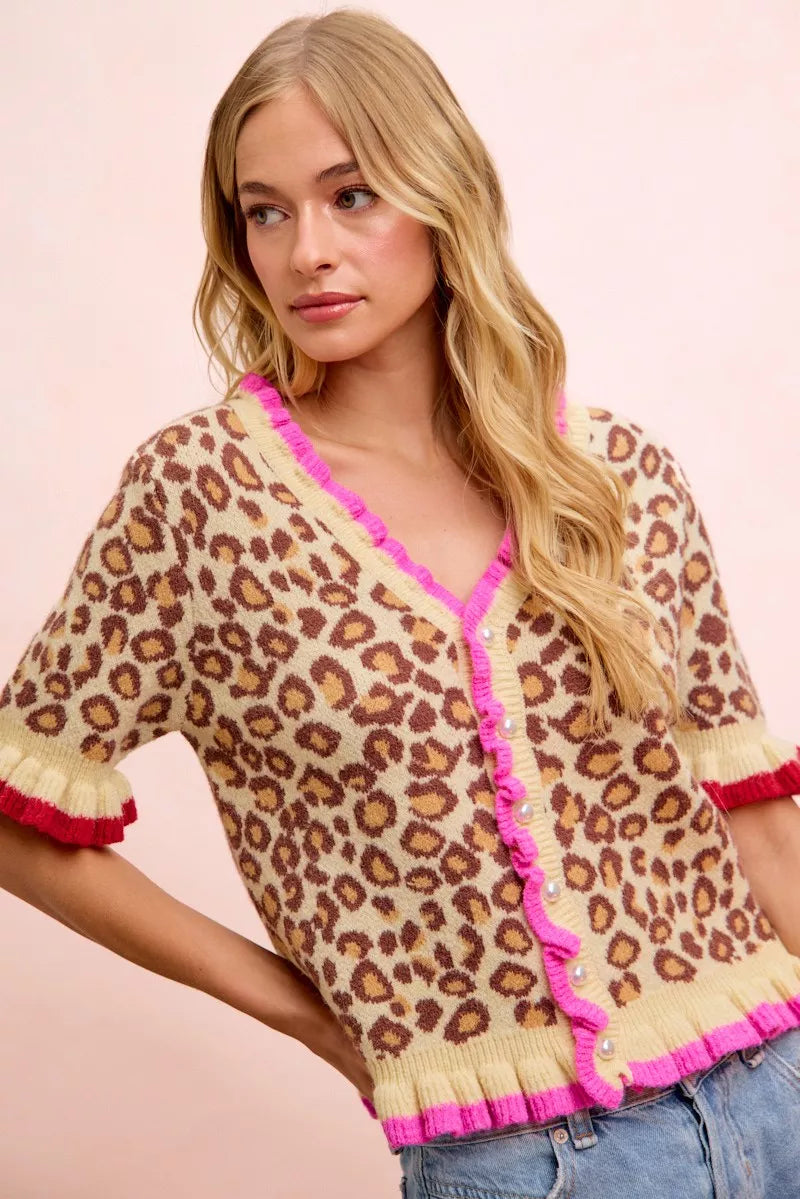 Leopard Ruffled Detail Button Cardigan by BiBi