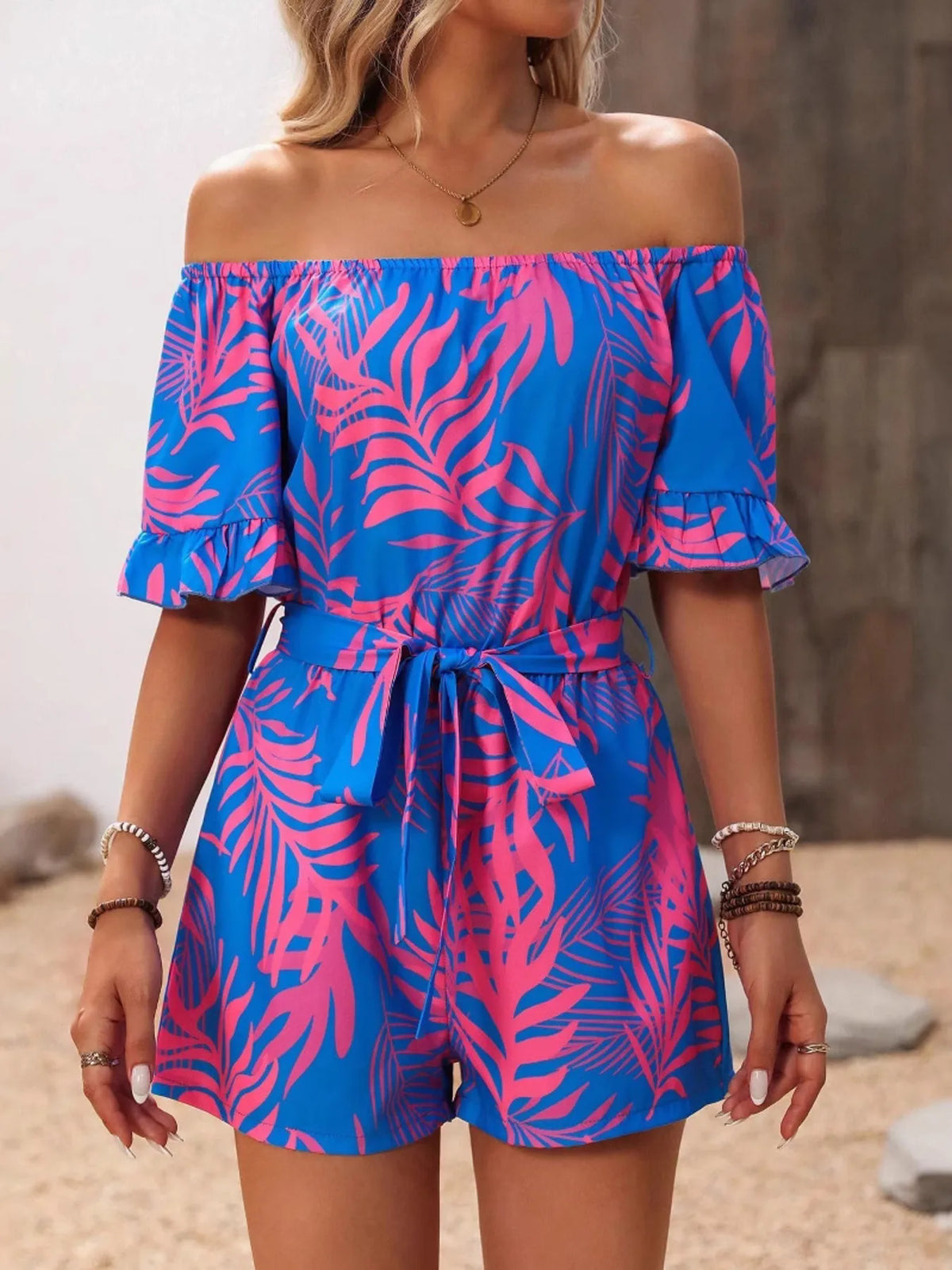 Tropical Print Off-Shoulder Romper in Blue
