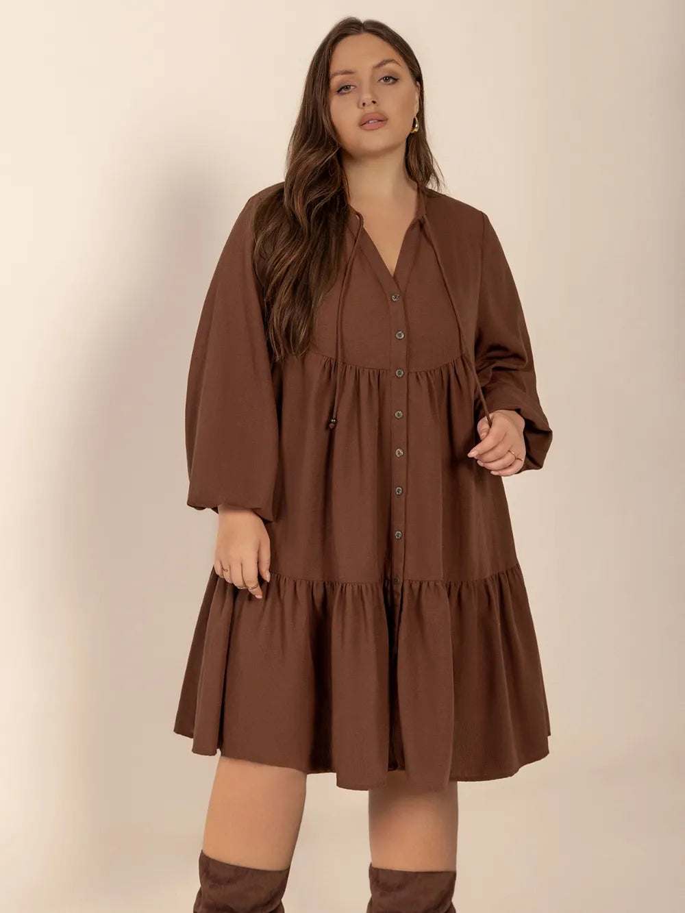 Plus Size Tie-Neck Tiered Dress in Brown